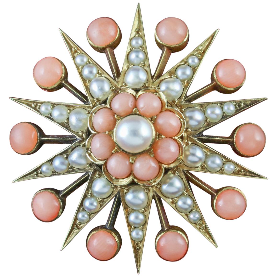 Antique Victorian Coral Pearl Star 18 Carat Gold circa 1900 Brooch For Sale