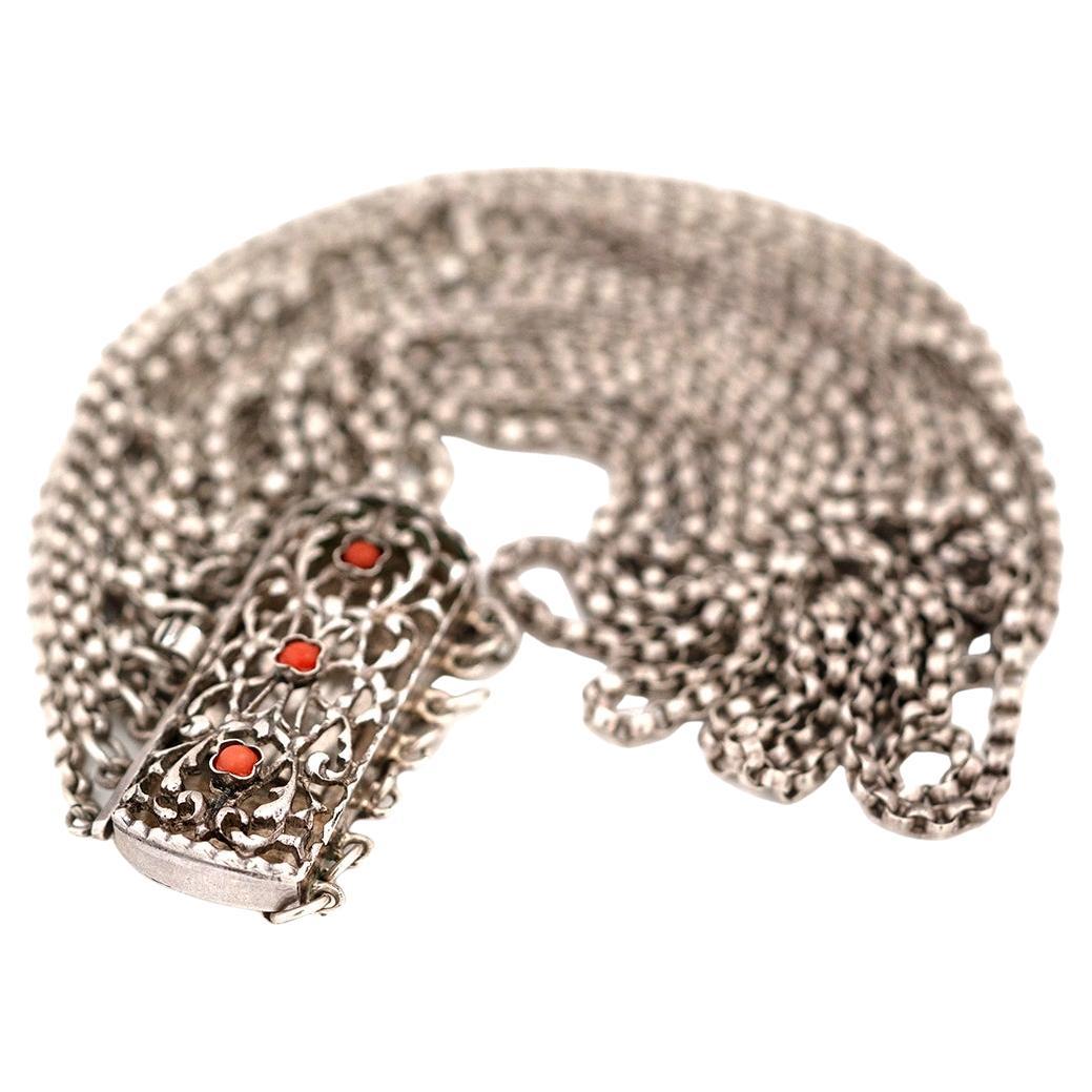 Bracciale antico vittoriano con catena in argento e corallo