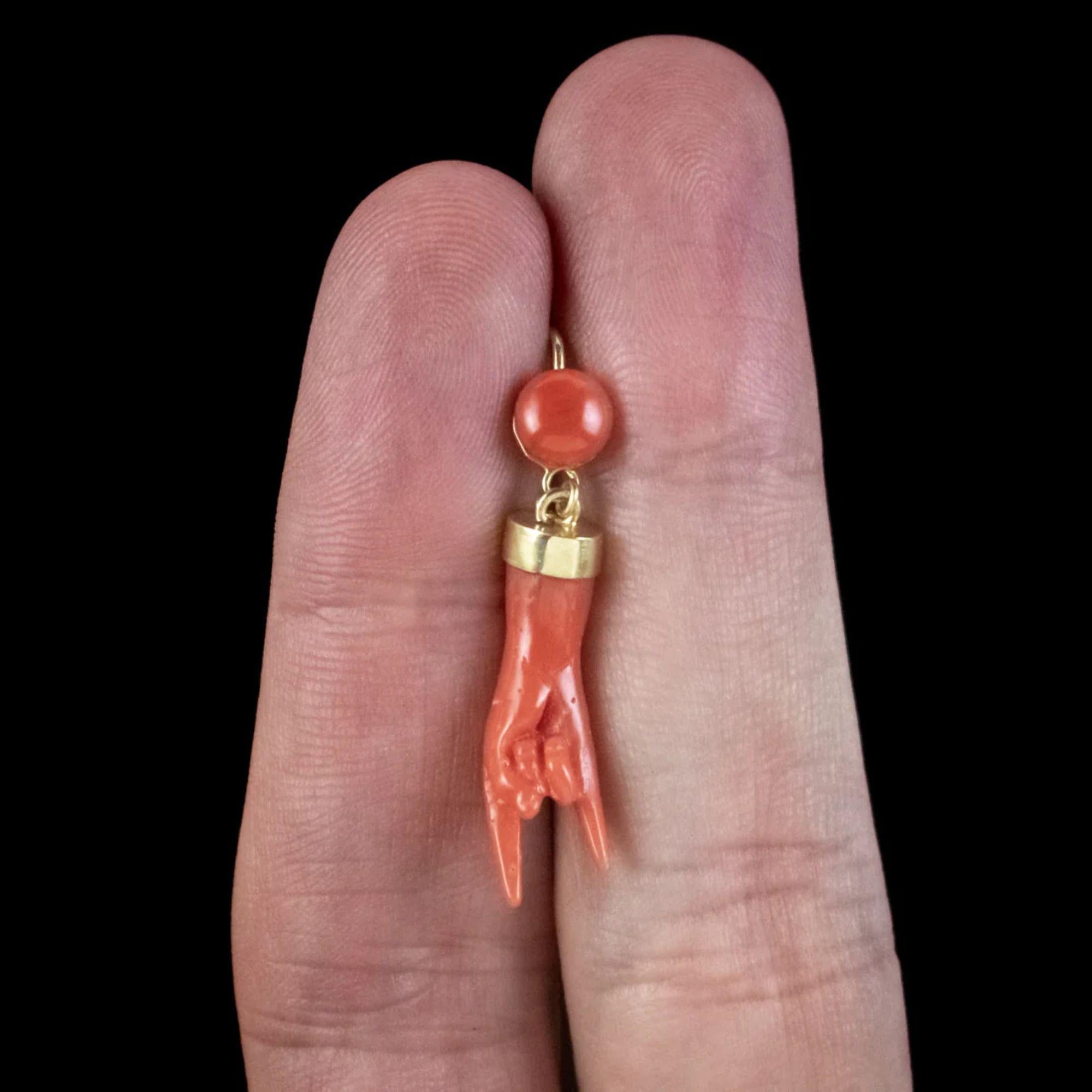 Women's Antique Victorian Corna Coral Hand Earrings in 18 Carat Gold For Sale