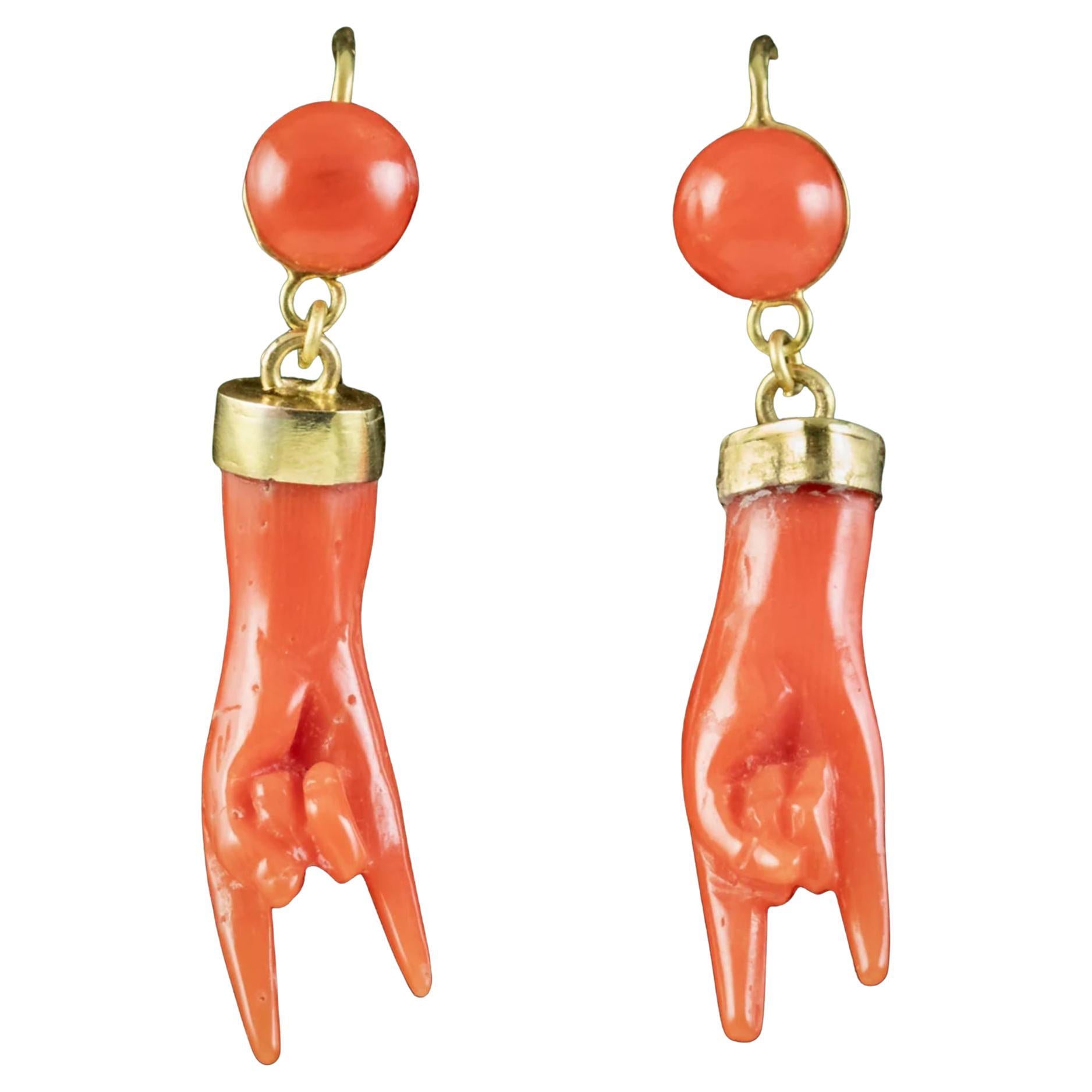 Antique Victorian Corna Coral Hand Earrings in 18 Carat Gold For Sale