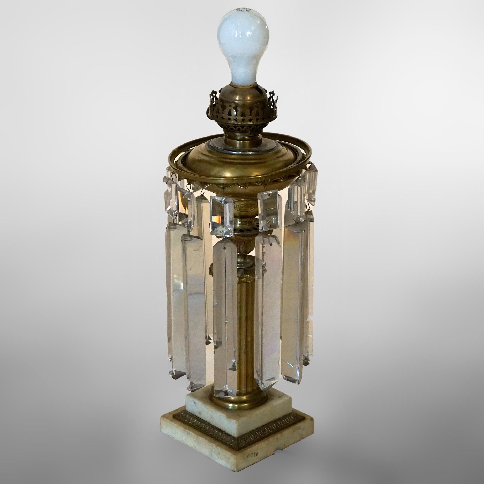Glass Antique Victorian Cornelius School Brass & Marble Solar Astral Lamp, c1840