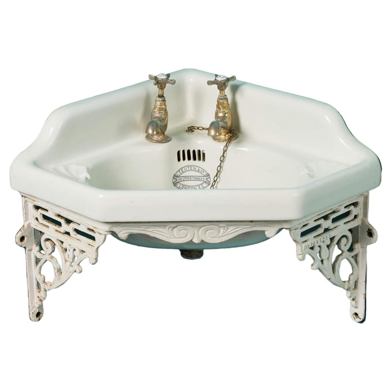 Antique Victorian Corner Sink with Wall Bracket For Sale