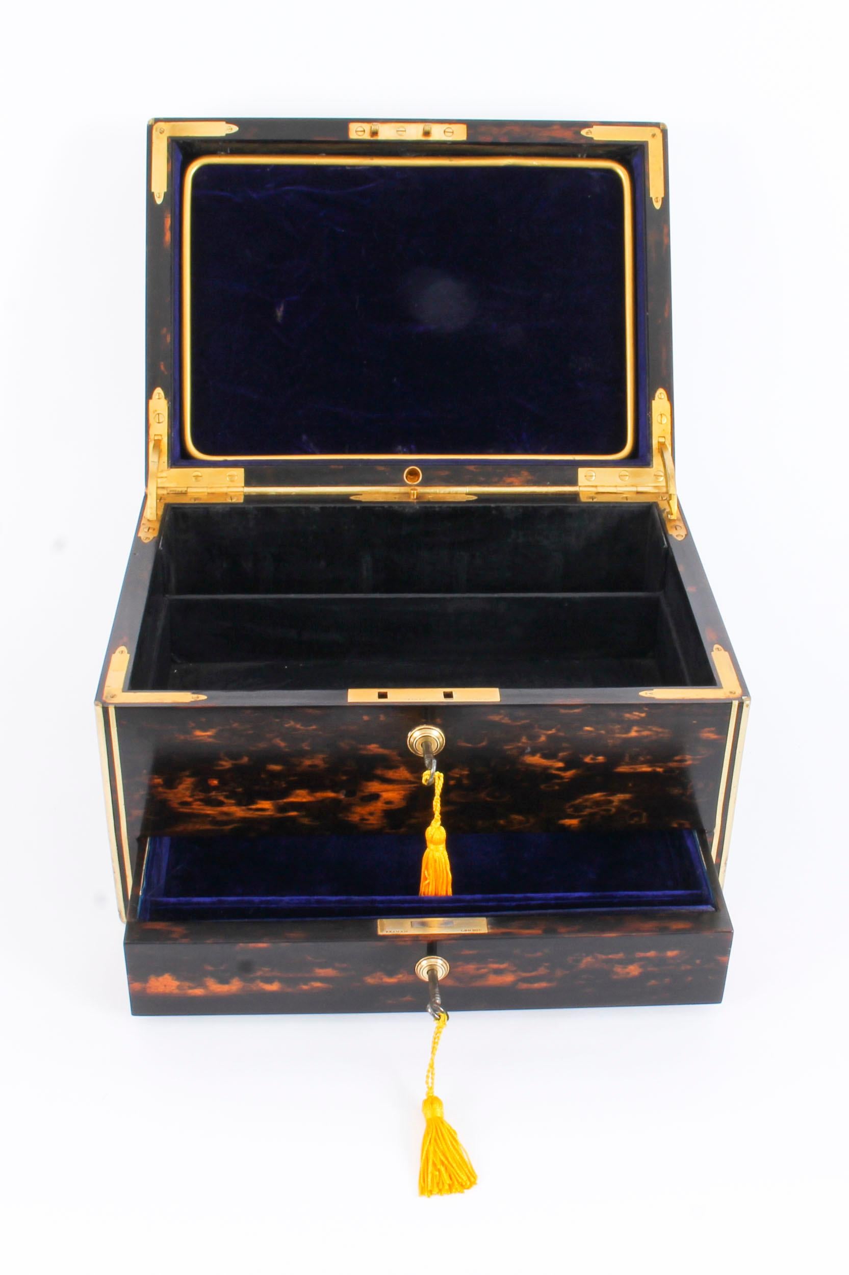 English Victorian Coromandel Brass Banded Jewellery and Dressing Box, 1873, 19th Century
