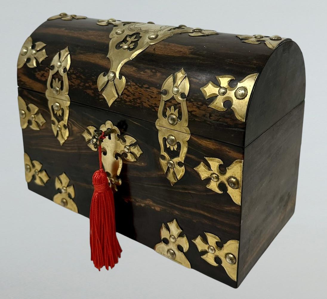 Irish Antique Victorian Coromandel Brass Wooden Letters Stationery Casket Box Betjeman For Sale