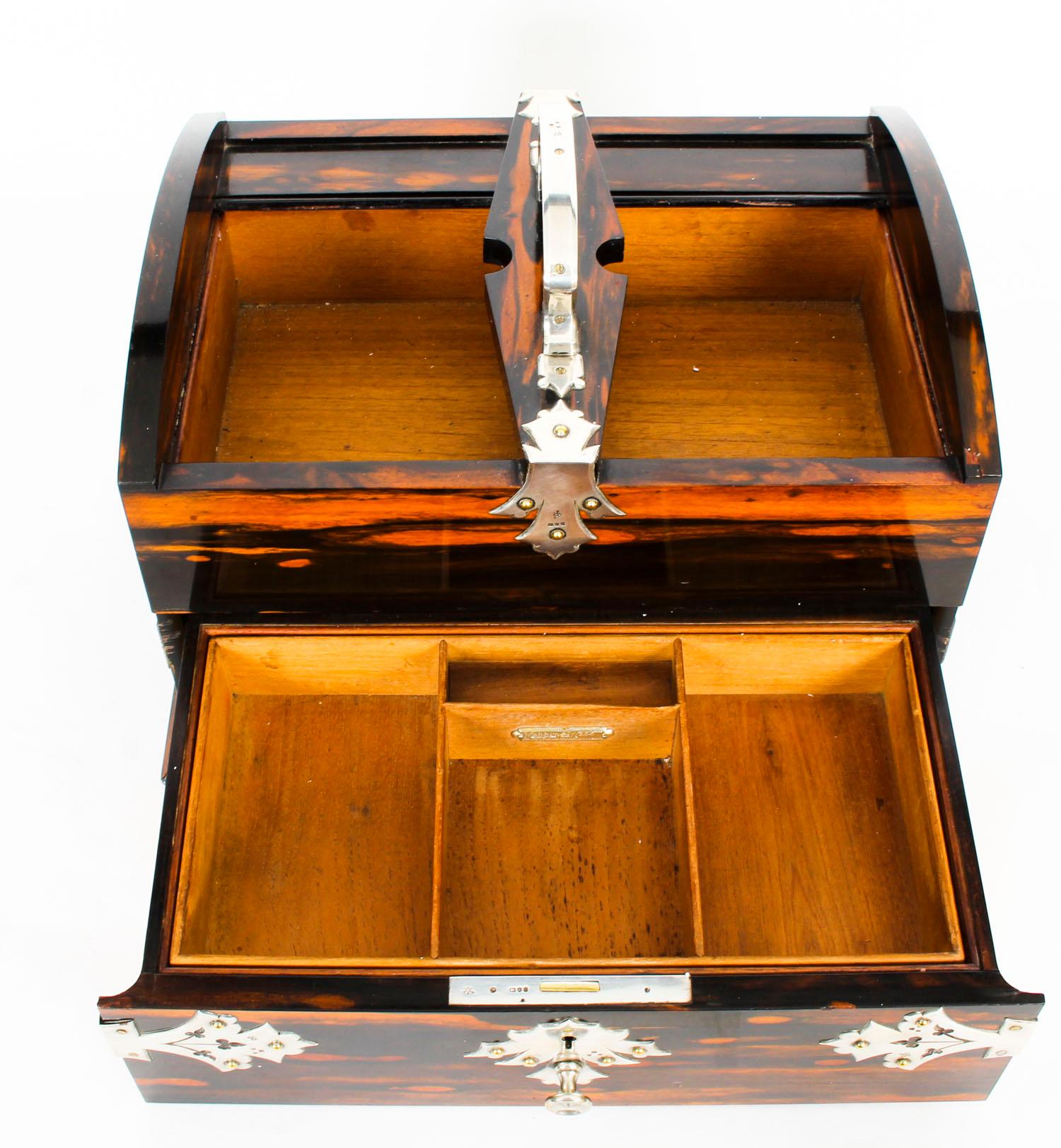 English Antique Victorian Coromandel Silver Mounted Cigar Humidor, 1899, 19th Century