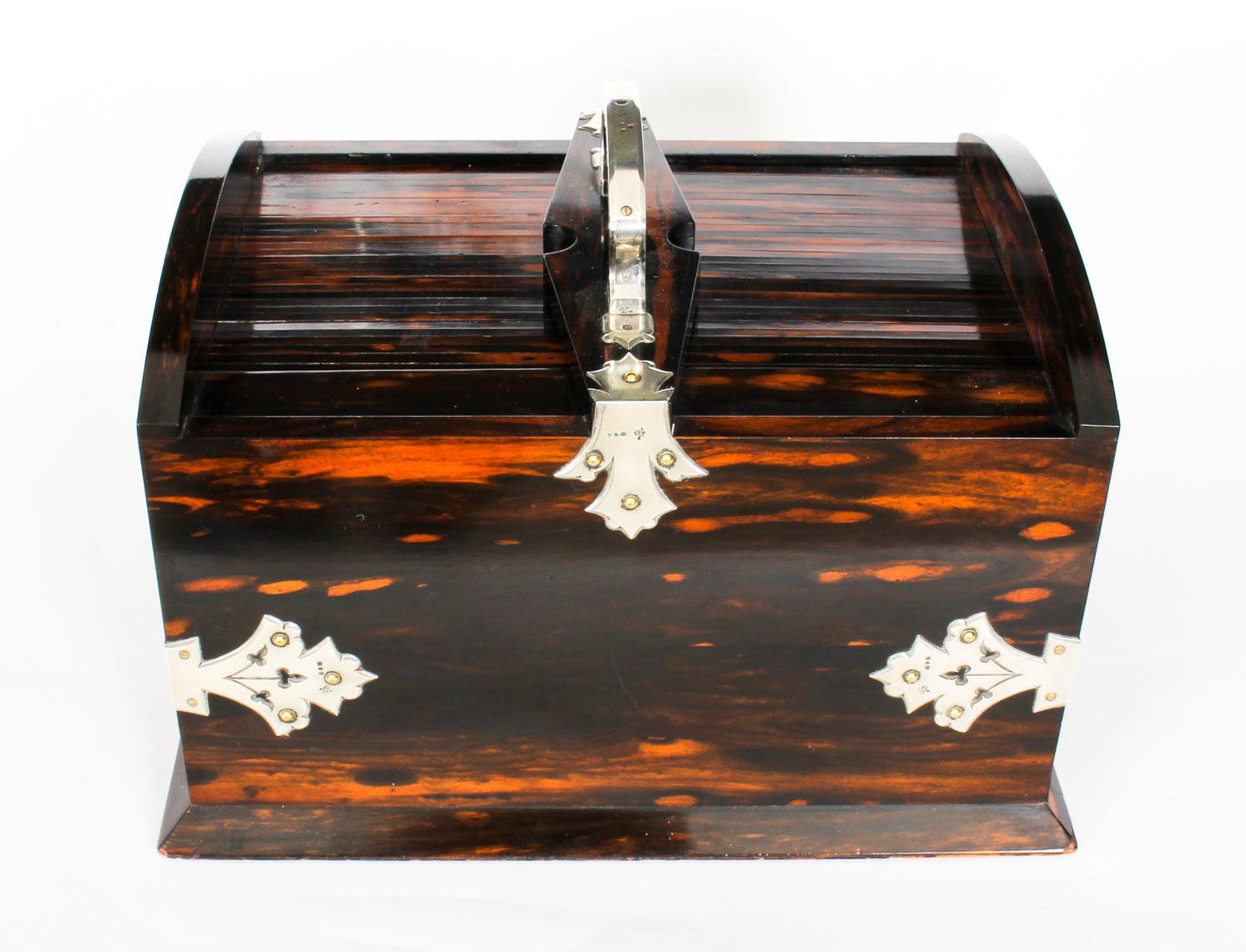 Sterling Silver Antique Victorian Coromandel Silver Mounted Cigar Humidor, 1899, 19th Century