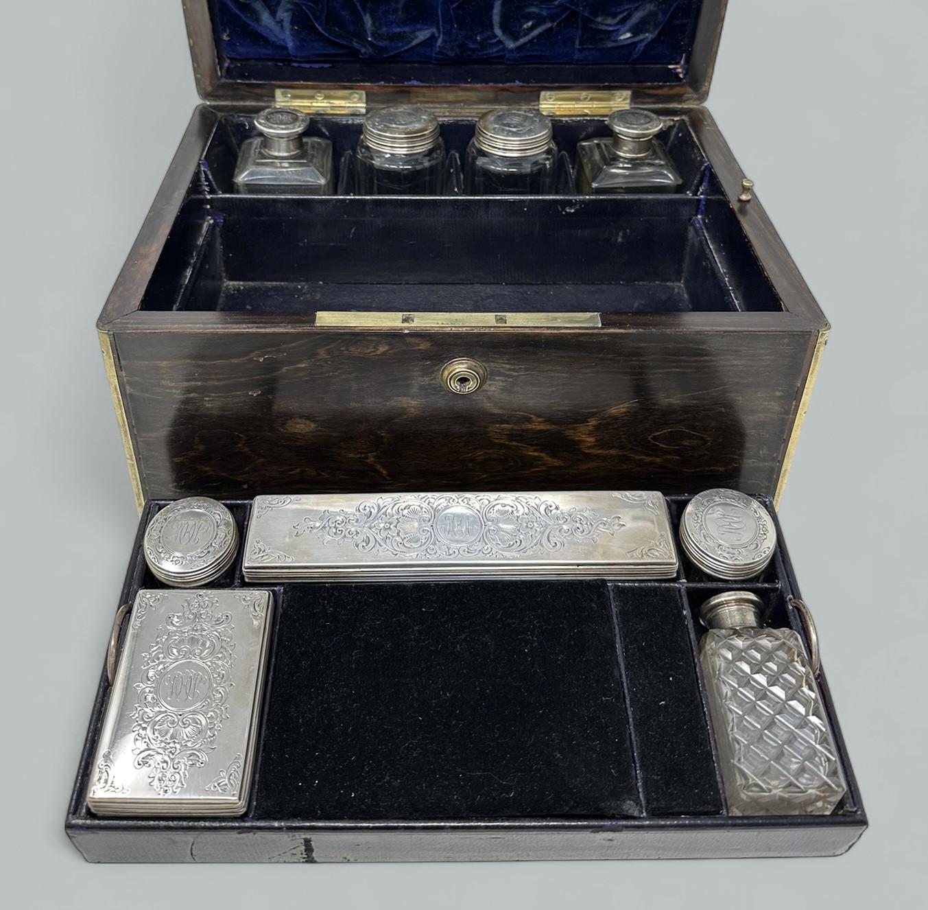 Brass Antique Victorian Coromandel Sterling Vanity Jewelry Casket Box by Asprey London For Sale