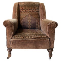Antique Victorian Country House Velvet Carpet Upholstered Armchair, 19ème siècle