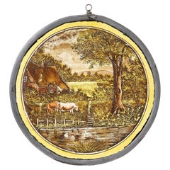 Antique Victorian Countryside Stained Glass Roundel