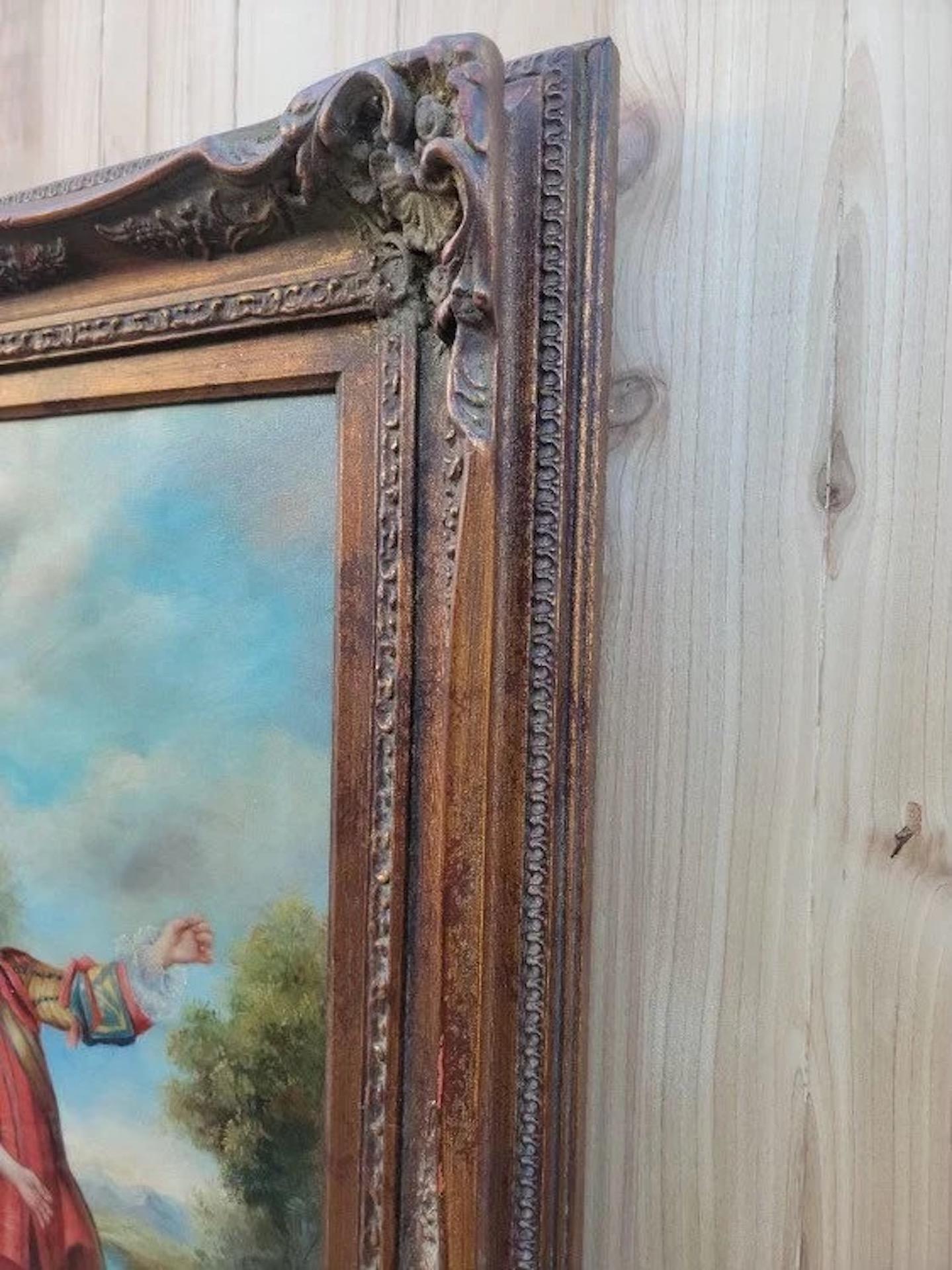 Peinture ancienne de scène de cour victorienne dans un cadre en bois sculpté et orné Bon état - En vente à Chicago, IL