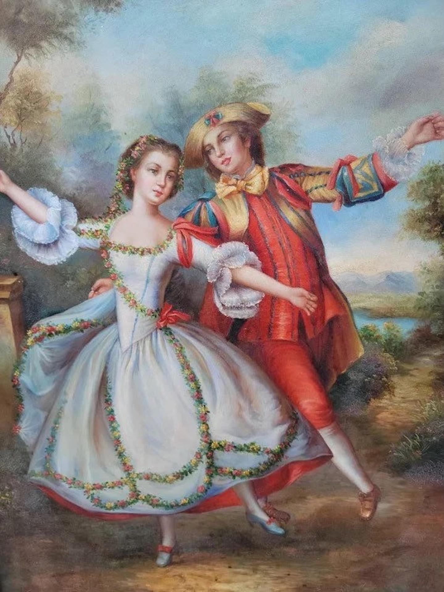 20ième siècle Peinture ancienne de scène de cour victorienne dans un cadre en bois sculpté et orné en vente