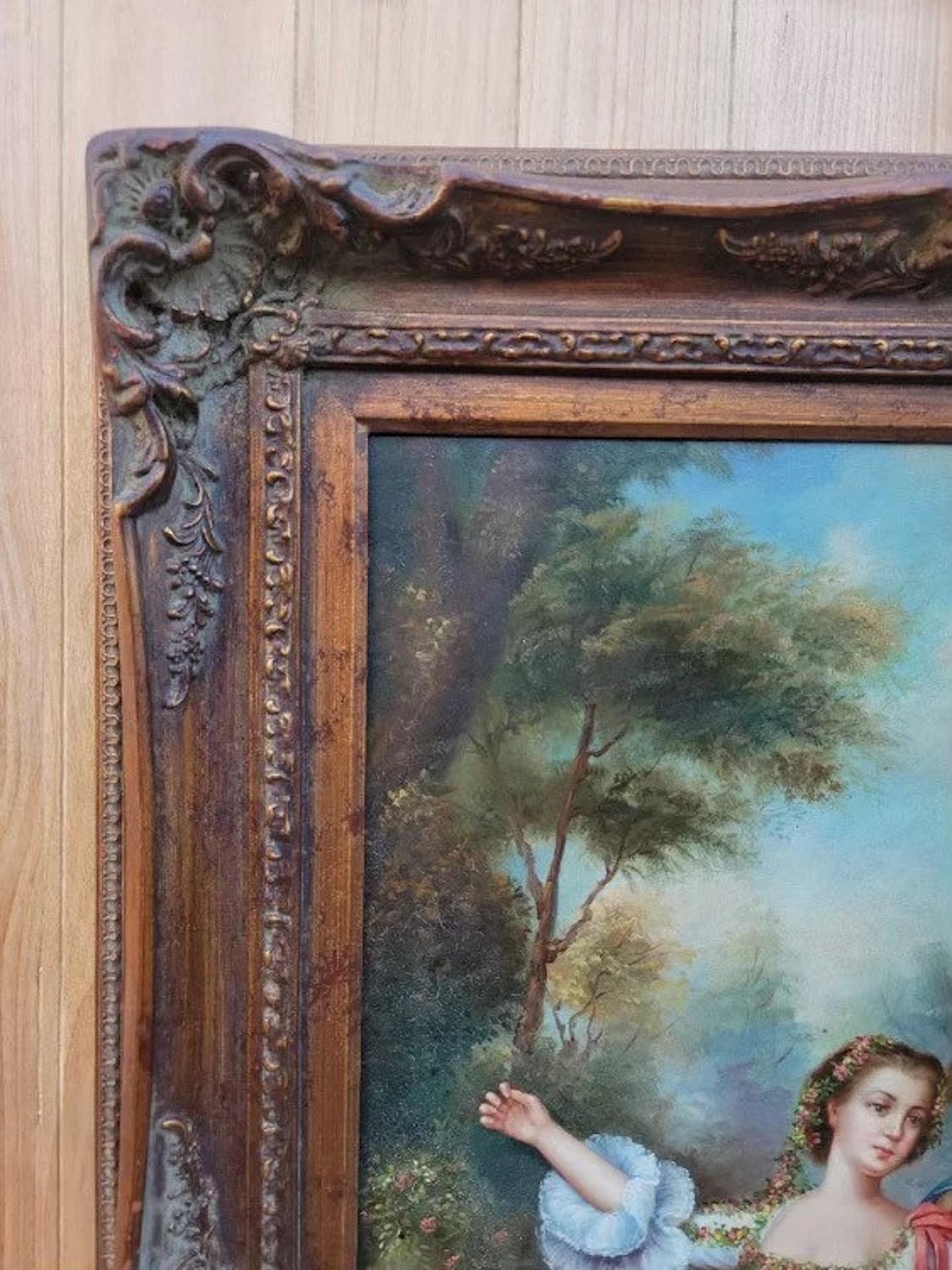 Peinture ancienne de scène de cour victorienne dans un cadre en bois sculpté et orné en vente 1