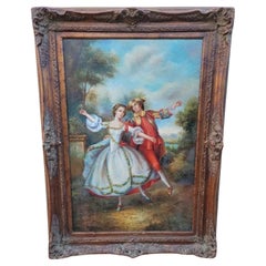 Antique Victorian Courting Scene Painting in a Carved Ornate Wood Frame