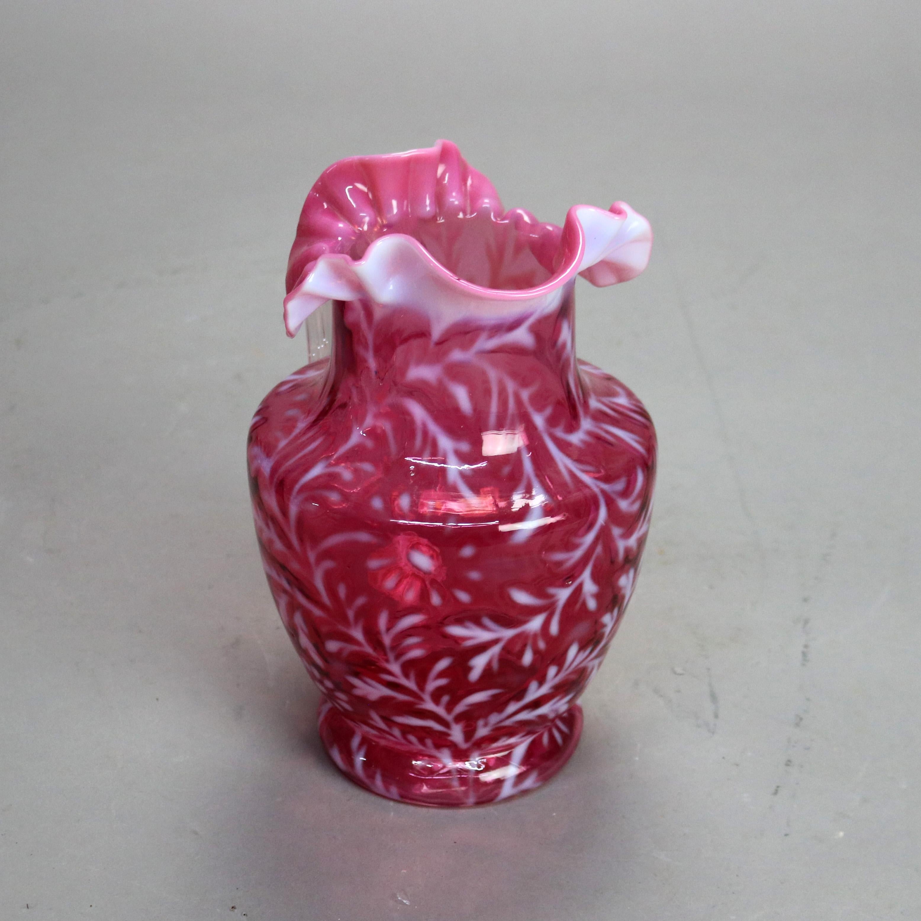 Antique Victorian Cranberry and Opalescent Glass Pitcher with Ruffled Rim C1900 6