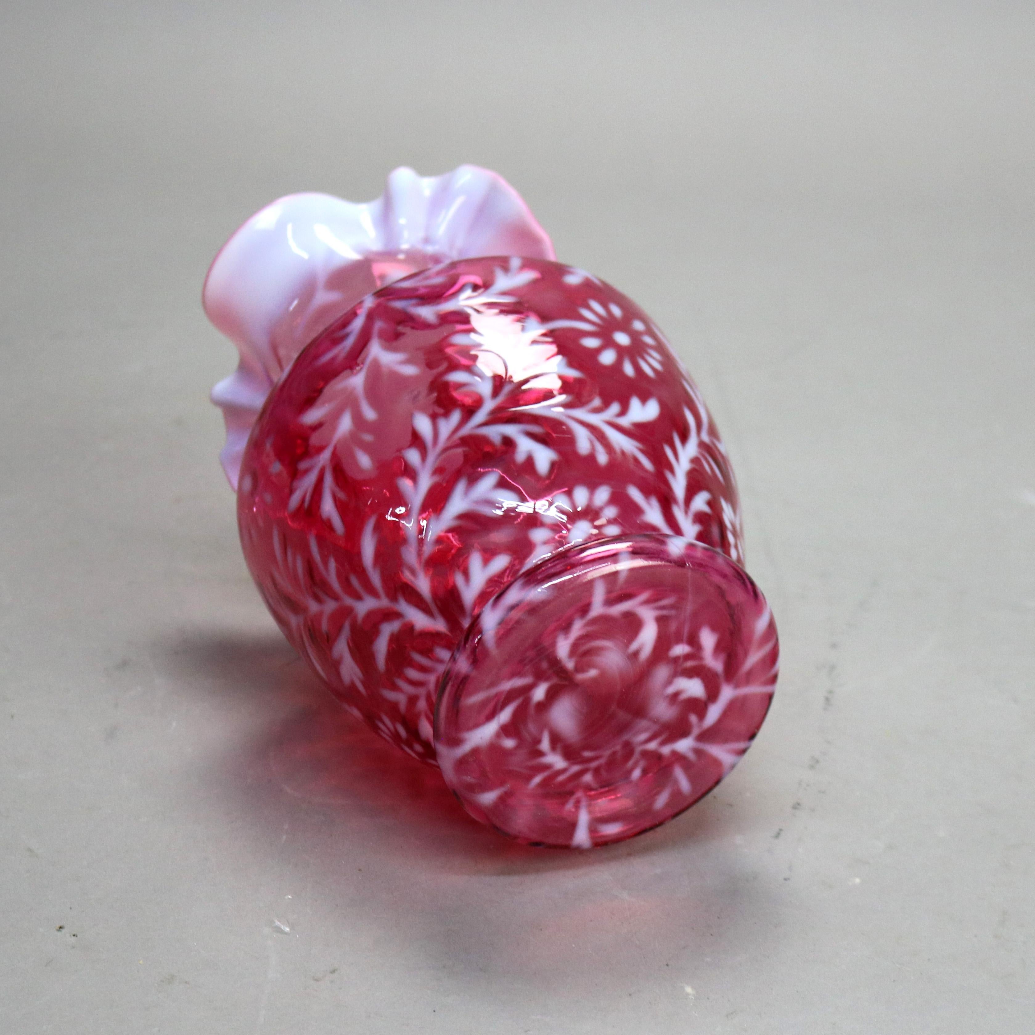 Antique Victorian Cranberry and Opalescent Glass Pitcher with Ruffled Rim C1900 7