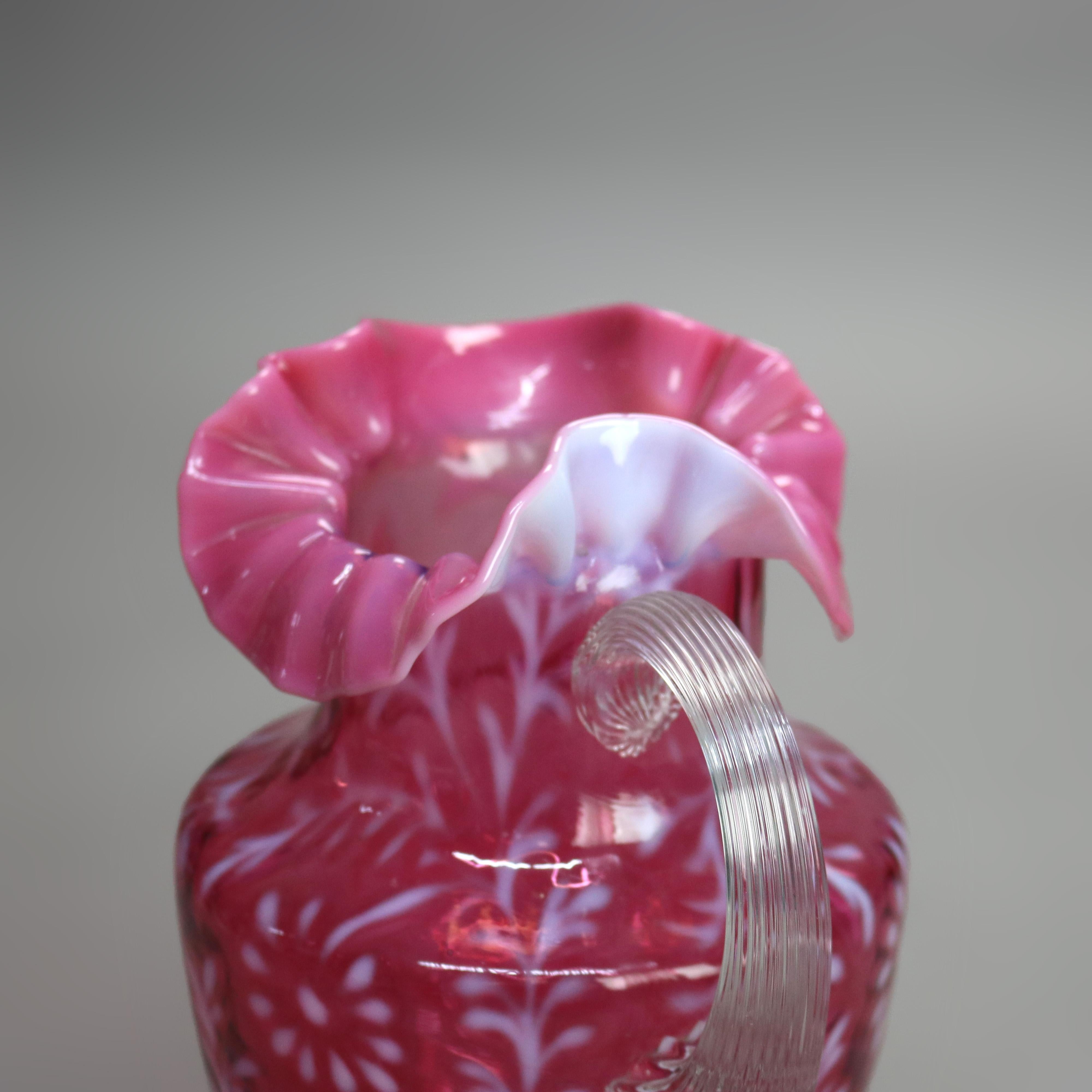 Antique Victorian Cranberry and Opalescent Glass Pitcher with Ruffled Rim C1900 8