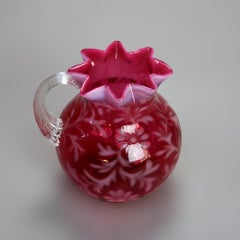 Antique Victorian Cranberry and Opalescent Glass Pitcher with Ruffled Rim C1900