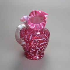 Antique Victorian Cranberry and Opalescent Glass Pitcher with Ruffled Rim C1900
