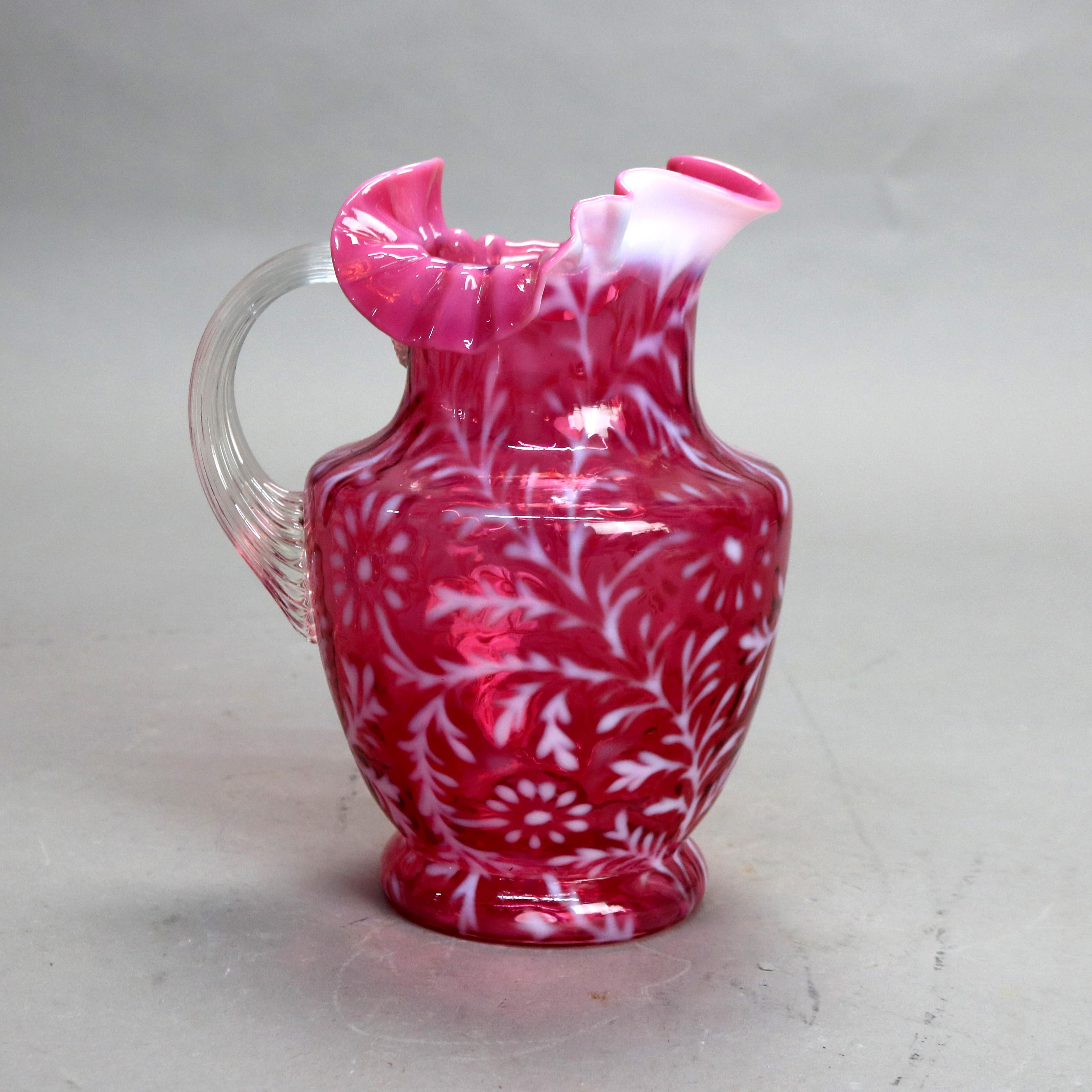 Antique Victorian Cranberry and Opalescent Glass Pitcher with Ruffled Rim C1900 In Good Condition In Big Flats, NY