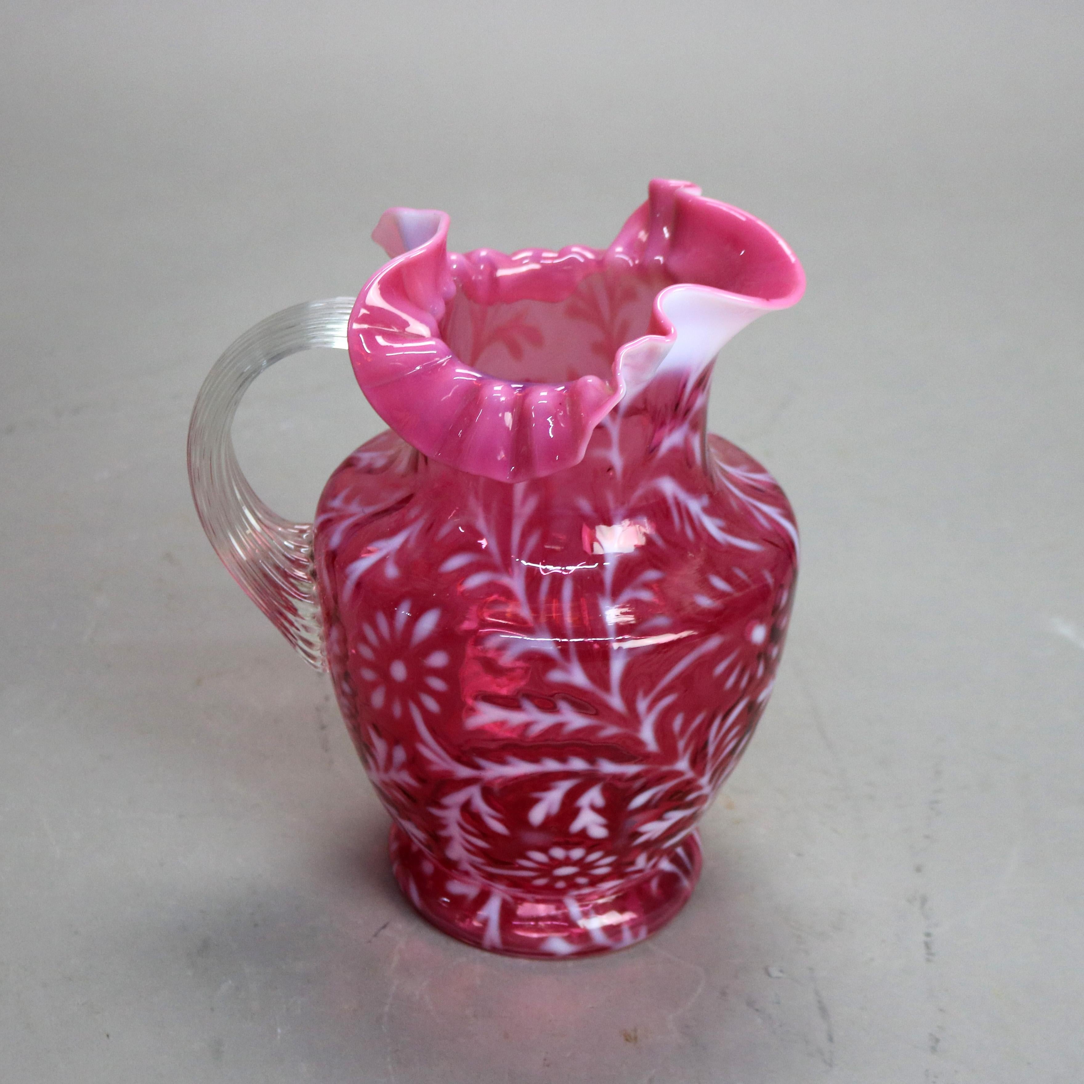 20th Century Antique Victorian Cranberry and Opalescent Glass Pitcher with Ruffled Rim C1900