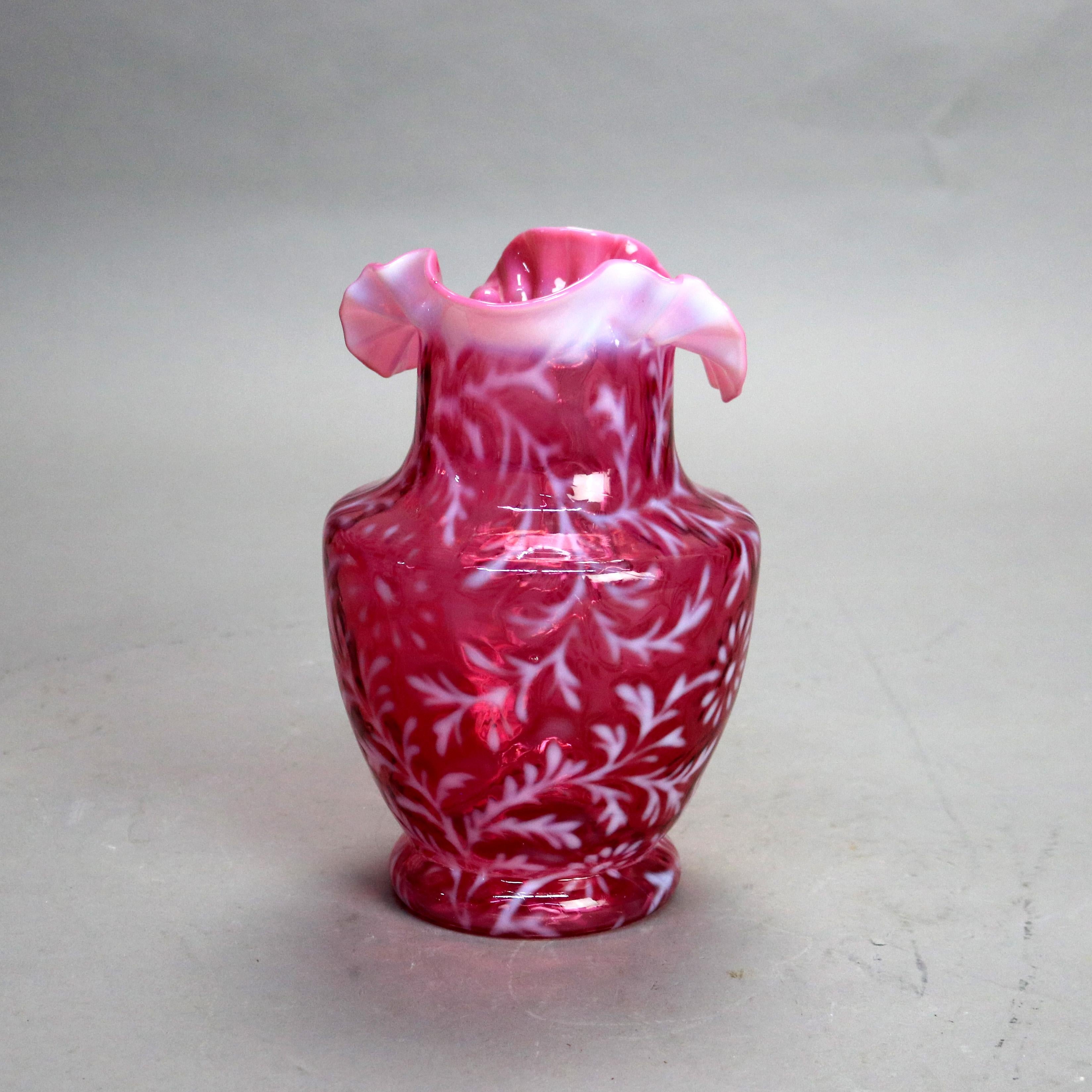 Antique Victorian Cranberry and Opalescent Glass Pitcher with Ruffled Rim C1900 1