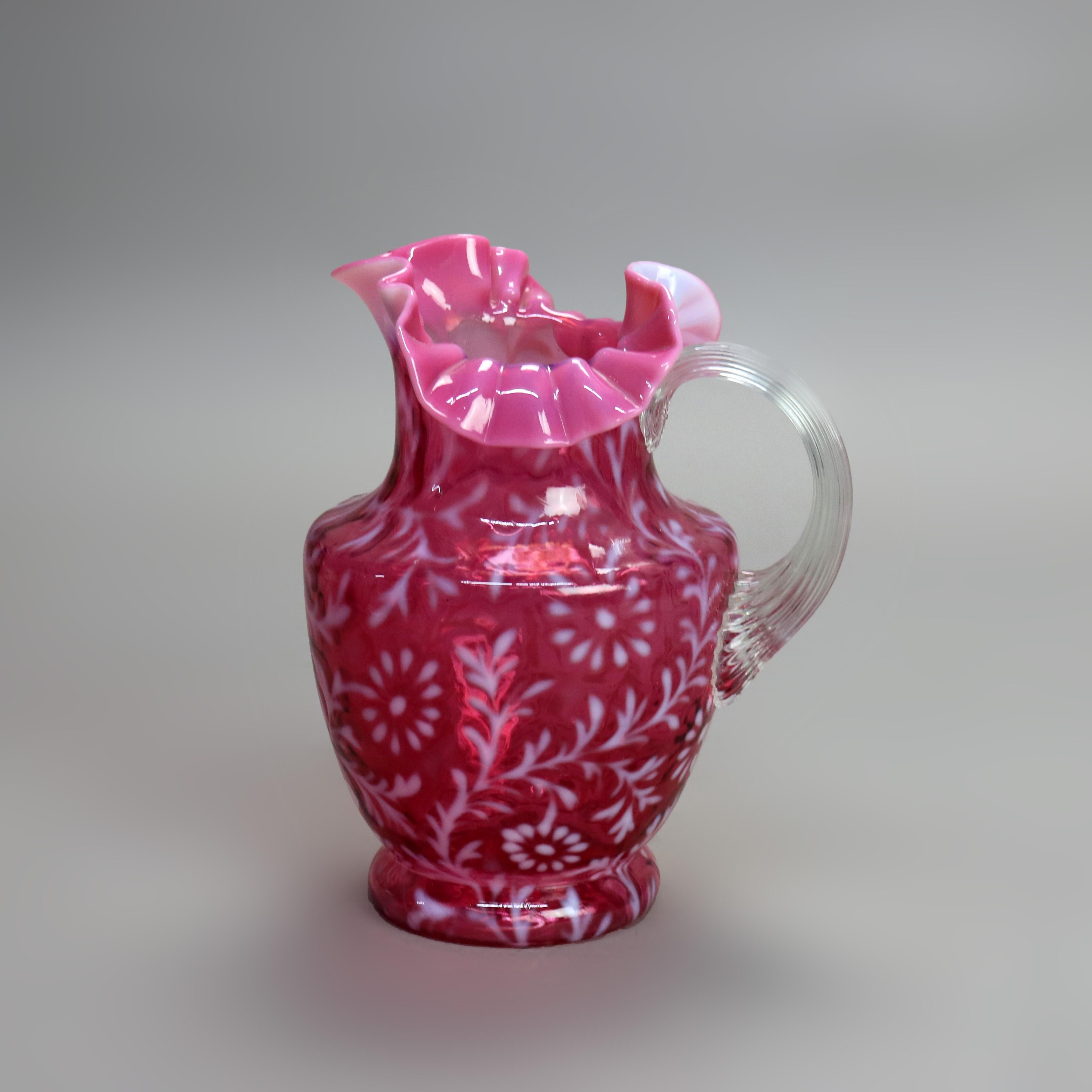 Antique Victorian Cranberry and Opalescent Glass Pitcher with Ruffled Rim C1900 2
