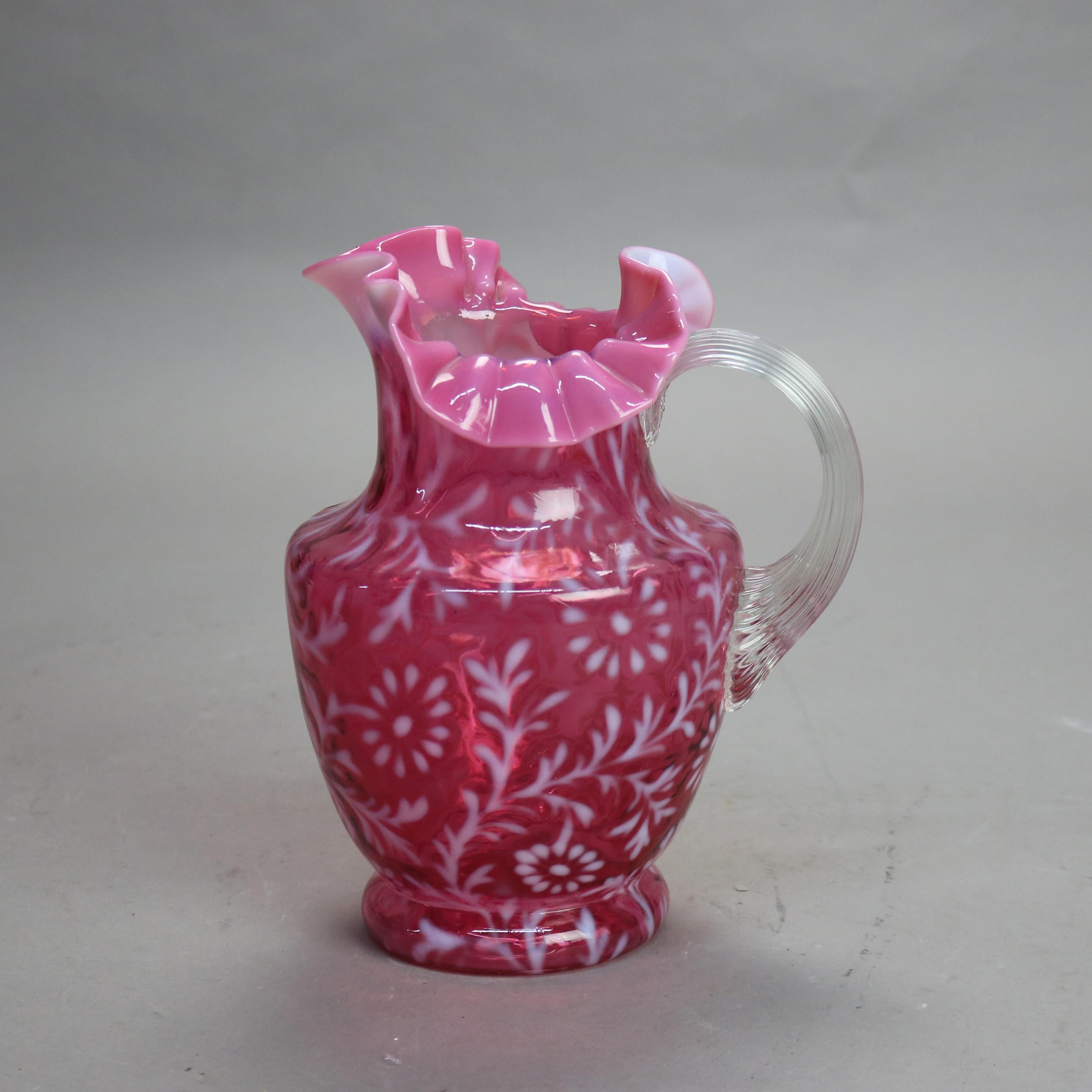 Antique Victorian Cranberry and Opalescent Glass Pitcher with Ruffled Rim C1900 3
