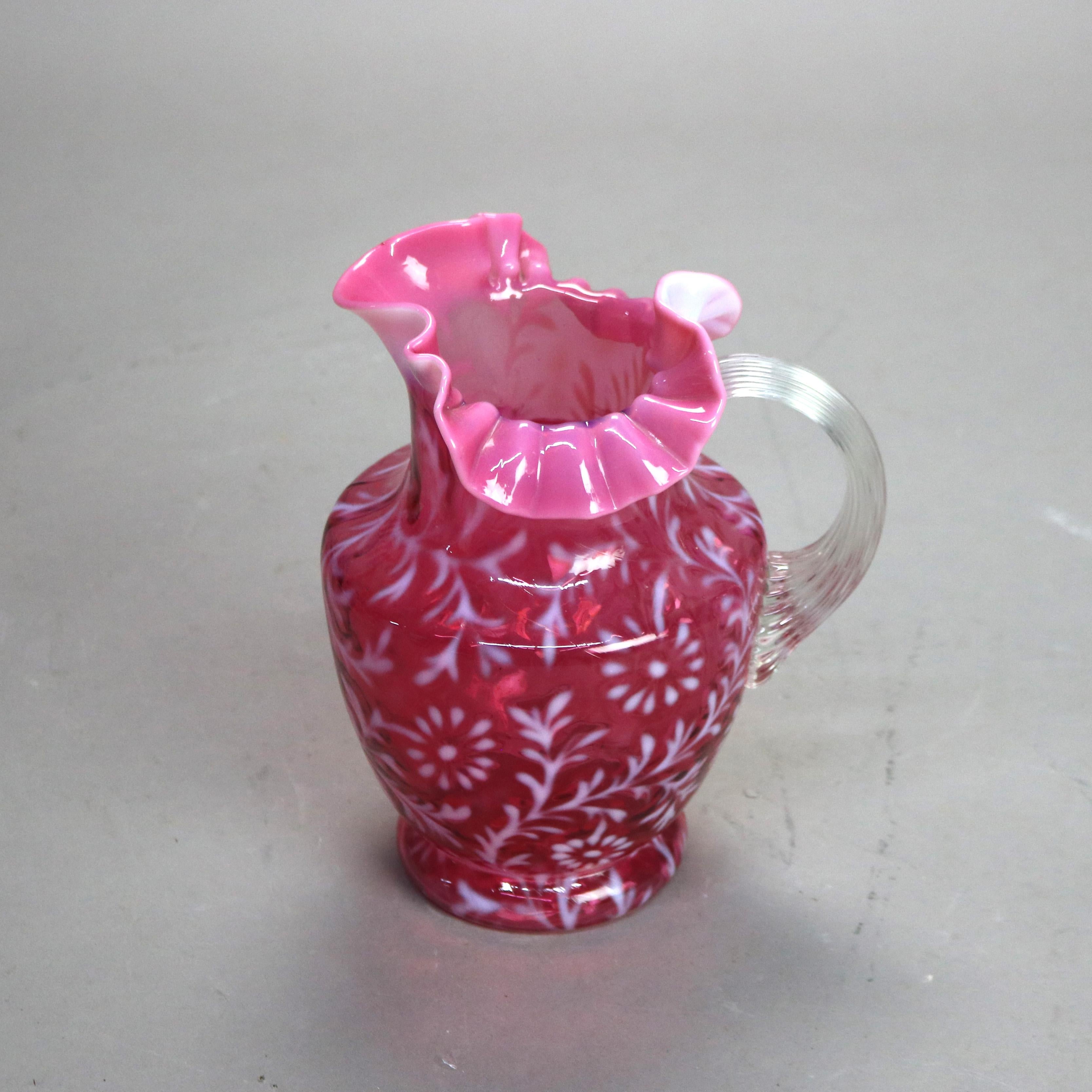Antique Victorian Cranberry and Opalescent Glass Pitcher with Ruffled Rim C1900 4