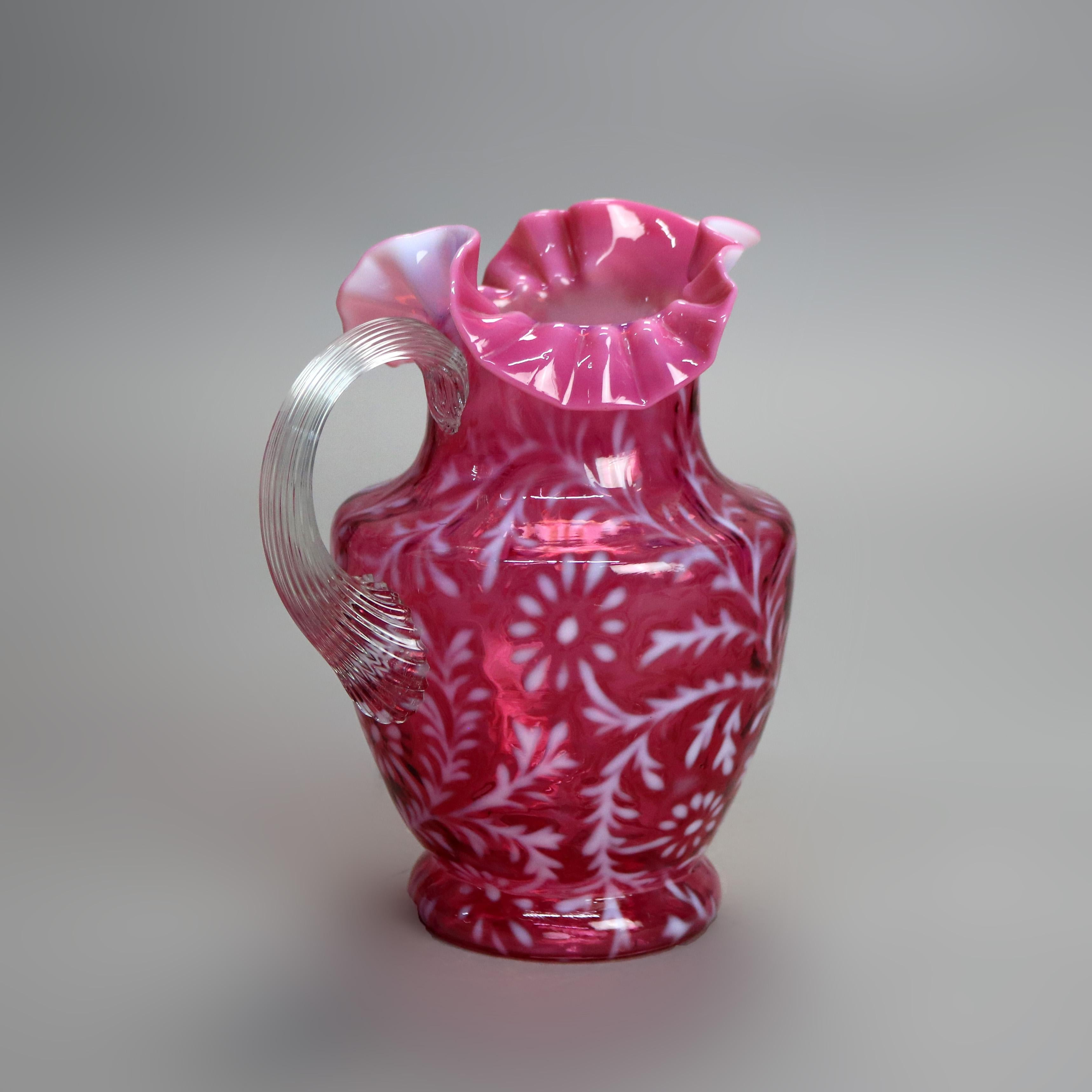 Antique Victorian Cranberry and Opalescent Glass Pitcher with Ruffled Rim C1900 5