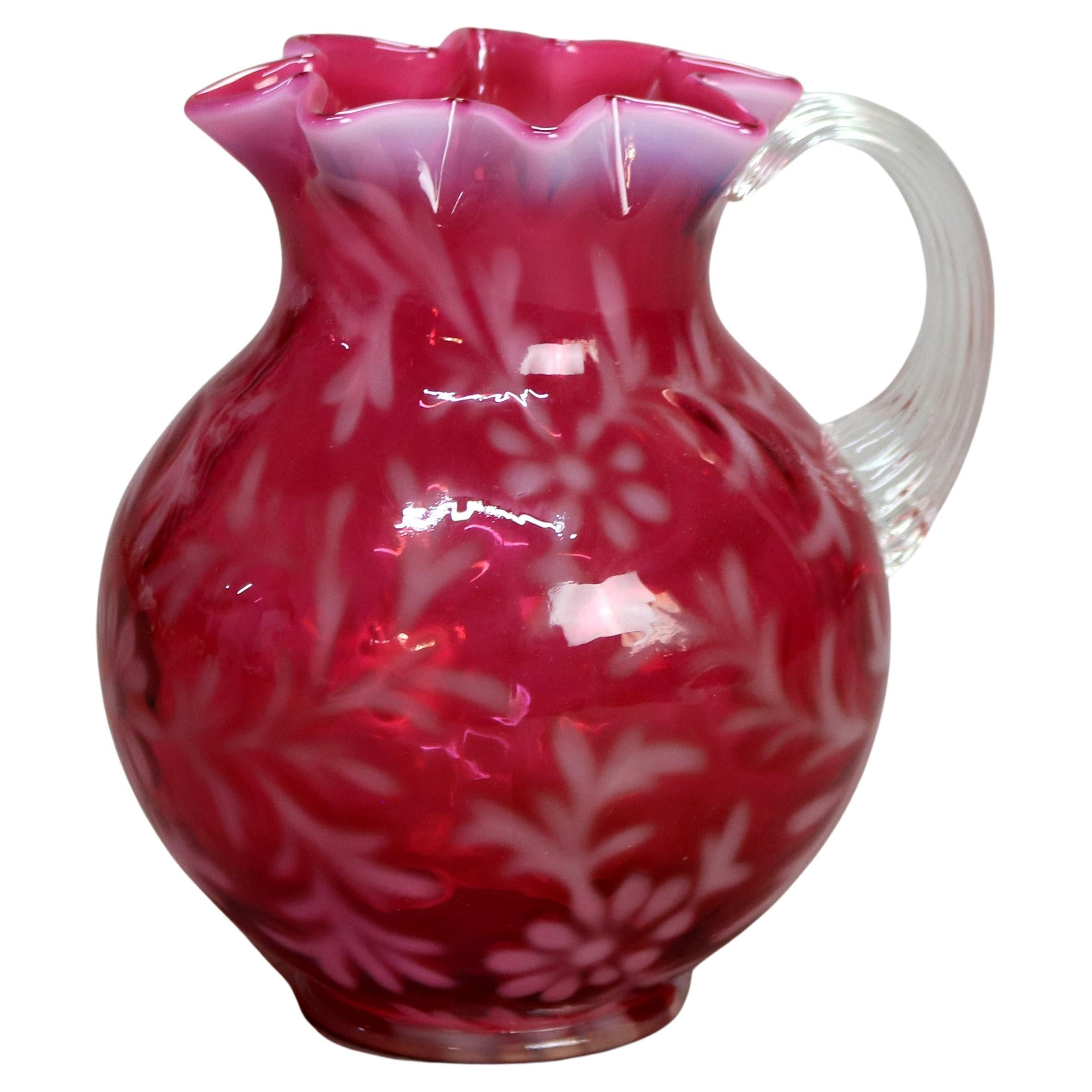 Antique Victorian Cranberry and Opalescent Glass Pitcher with Ruffled Rim C1900