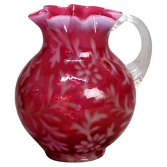 Antique Victorian Cranberry and Opalescent Glass Pitcher with Ruffled Rim C1900