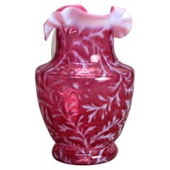 Antique Victorian Cranberry and Opalescent Glass Pitcher with Ruffled Rim C1900