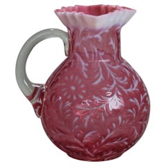 Antique Victorian Cranberry and Opalescent Glass Pitcher with Ruffled Rim C1900