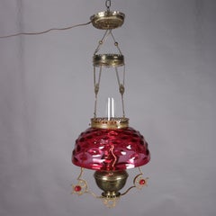 Antique Victorian Cranberry Glass and Bronze Electrified Hanging Gas Lamp