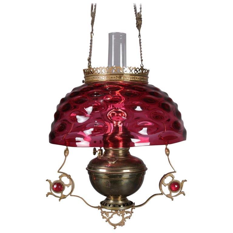 Antique Victorian Cranberry Glass and Bronze Electrified Hanging Gas