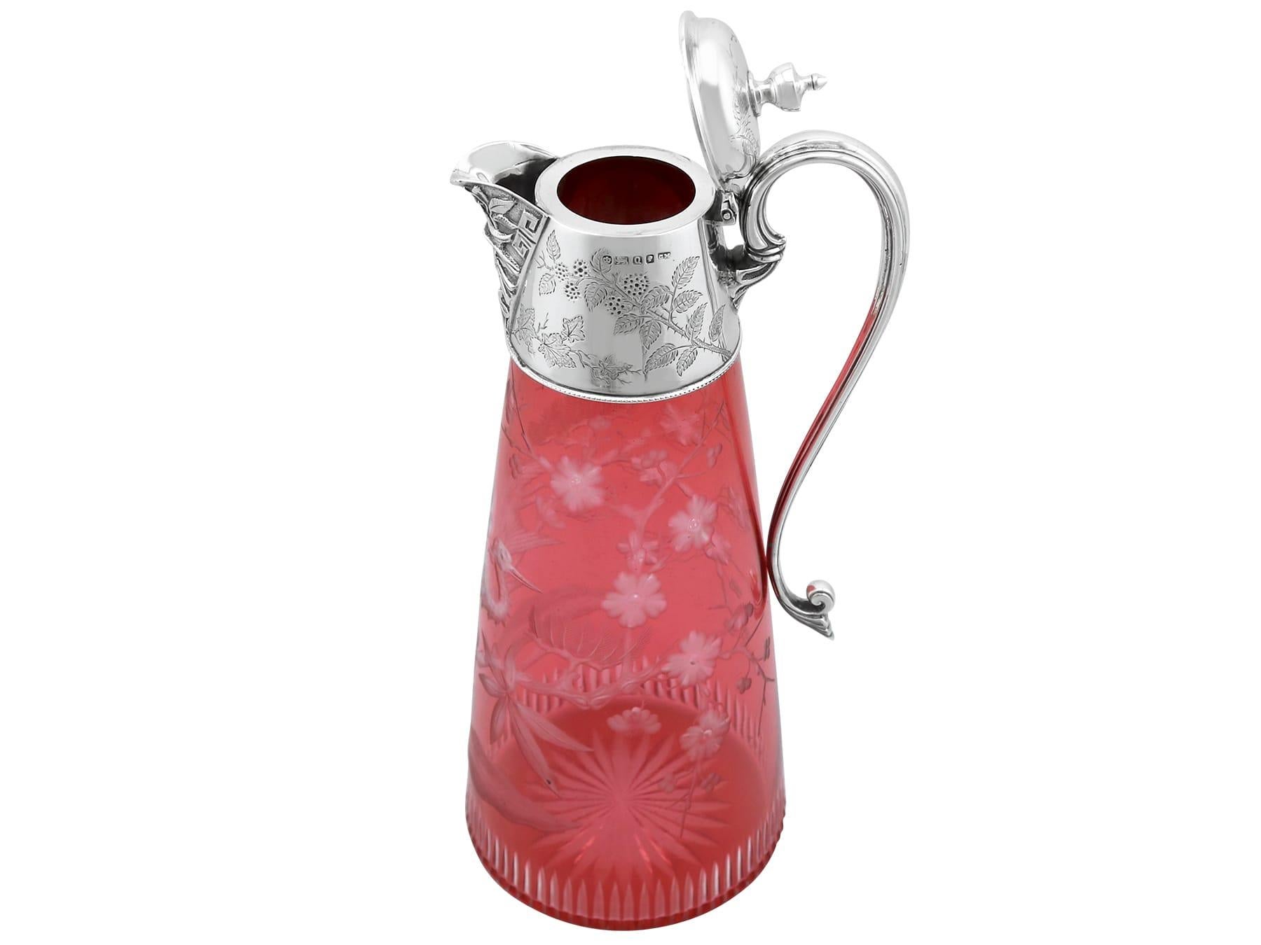 19th Century Antique Victorian Cranberry Glass and Sterling Silver Mounted Claret Jug For Sale