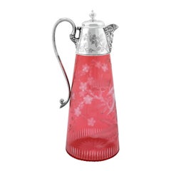 Antique Victorian Cranberry Glass and Sterling Silver Mounted Claret Jug
