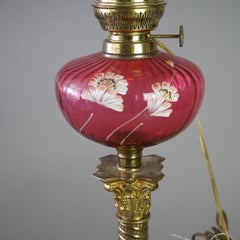 Antique Victorian Cranberry Glass & Brass Banquet Lamp C1890
