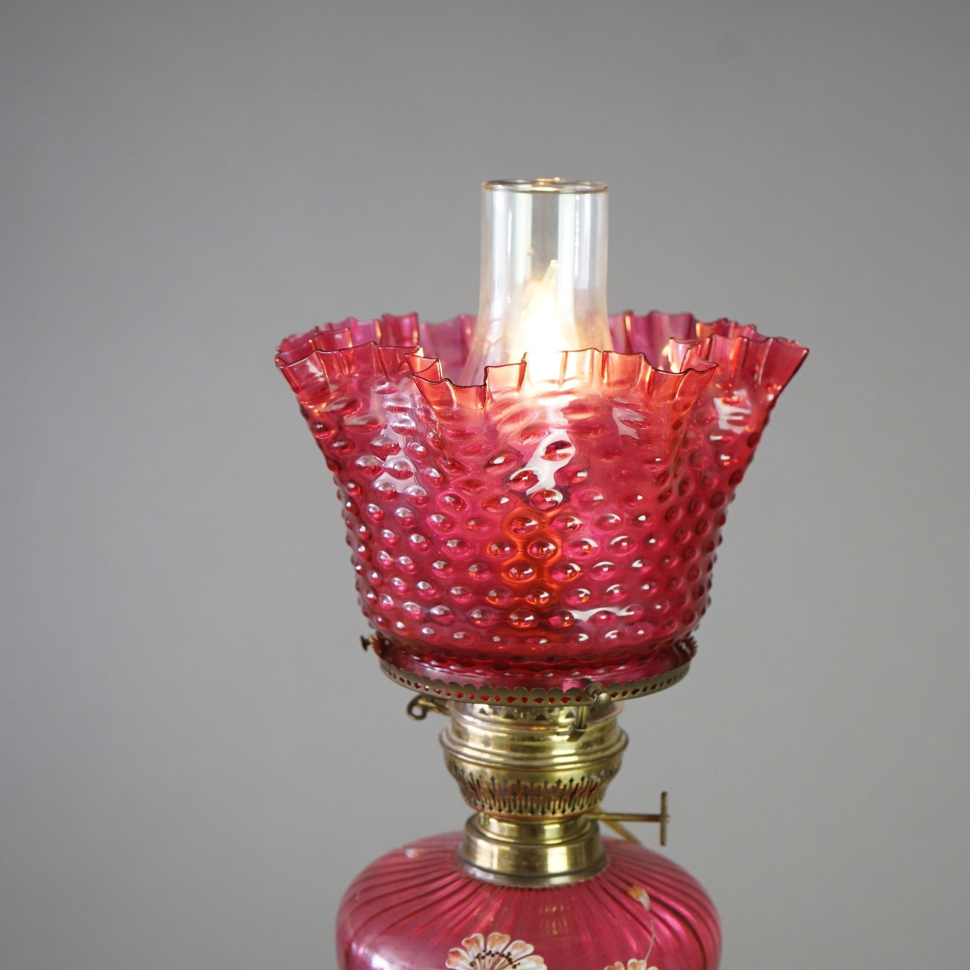 Antique Victorian Cranberry Glass & Brass Banquet Lamp C1890 In Good Condition For Sale In Big Flats, NY