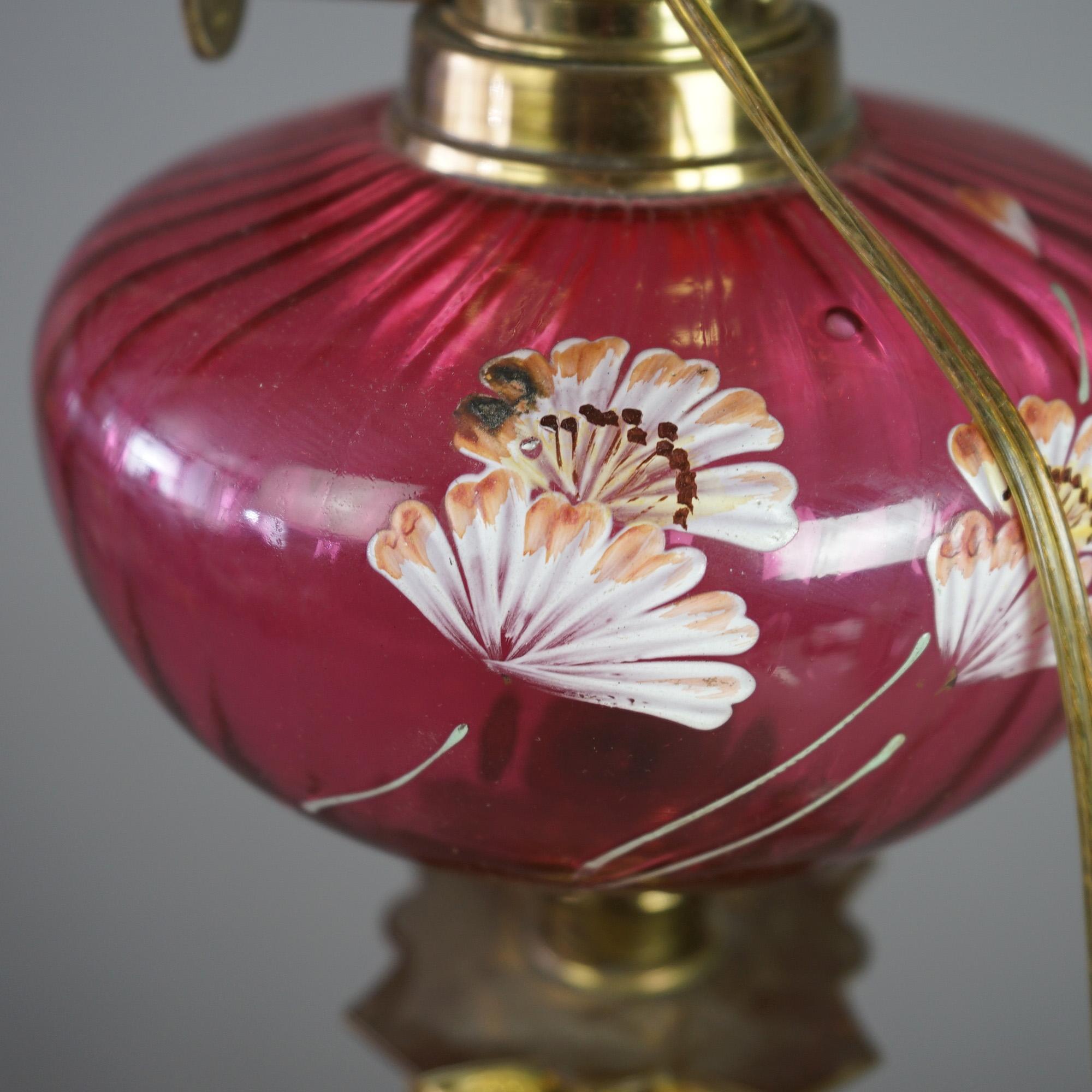 19th Century Antique Victorian Cranberry Glass & Brass Banquet Lamp C1890 For Sale