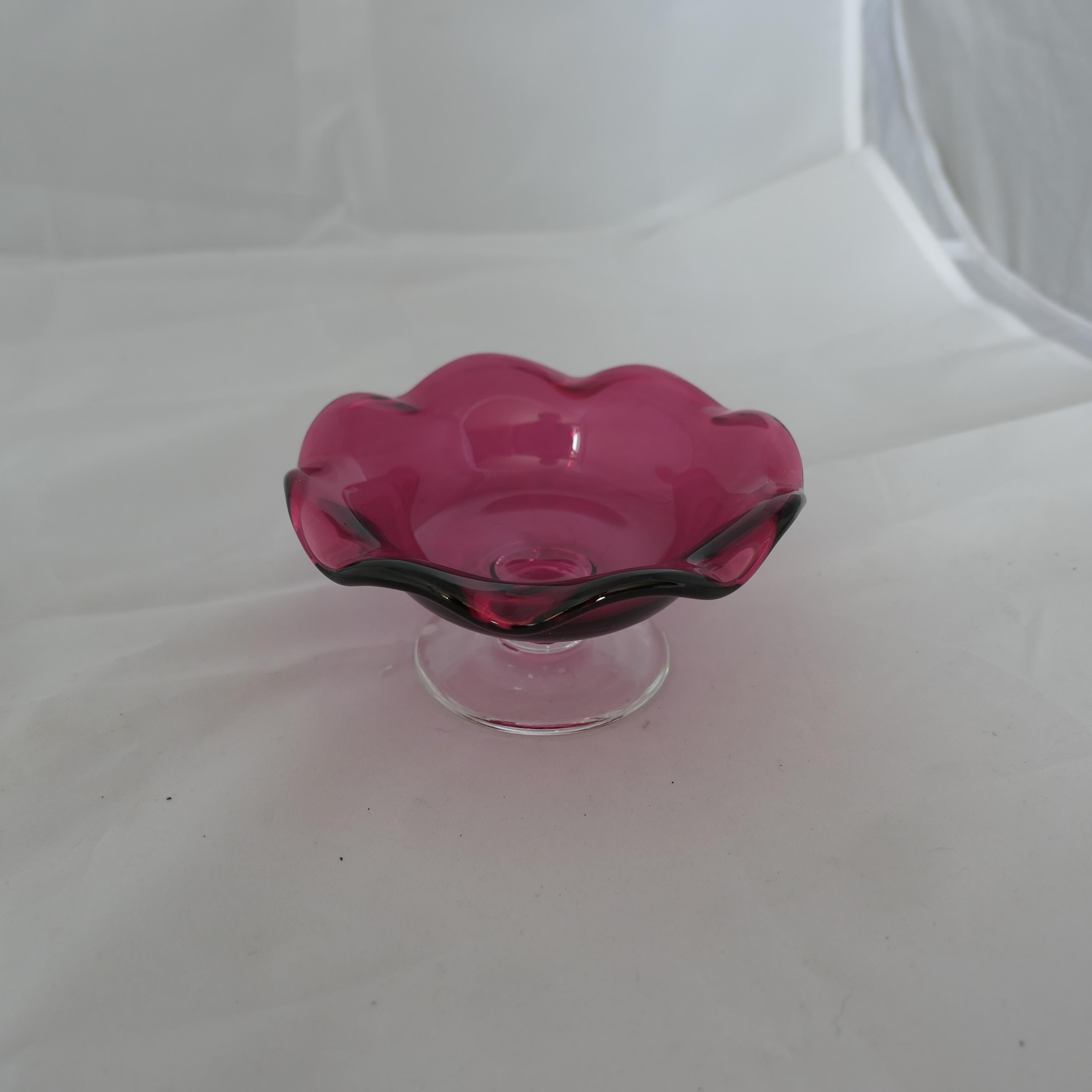 Antique Victorian Cranberry Glass Dish

Antique Victorian Cranberry Glass Dish with clear base
Good Condition. 
2.5” high and 5” in diameter
FB204