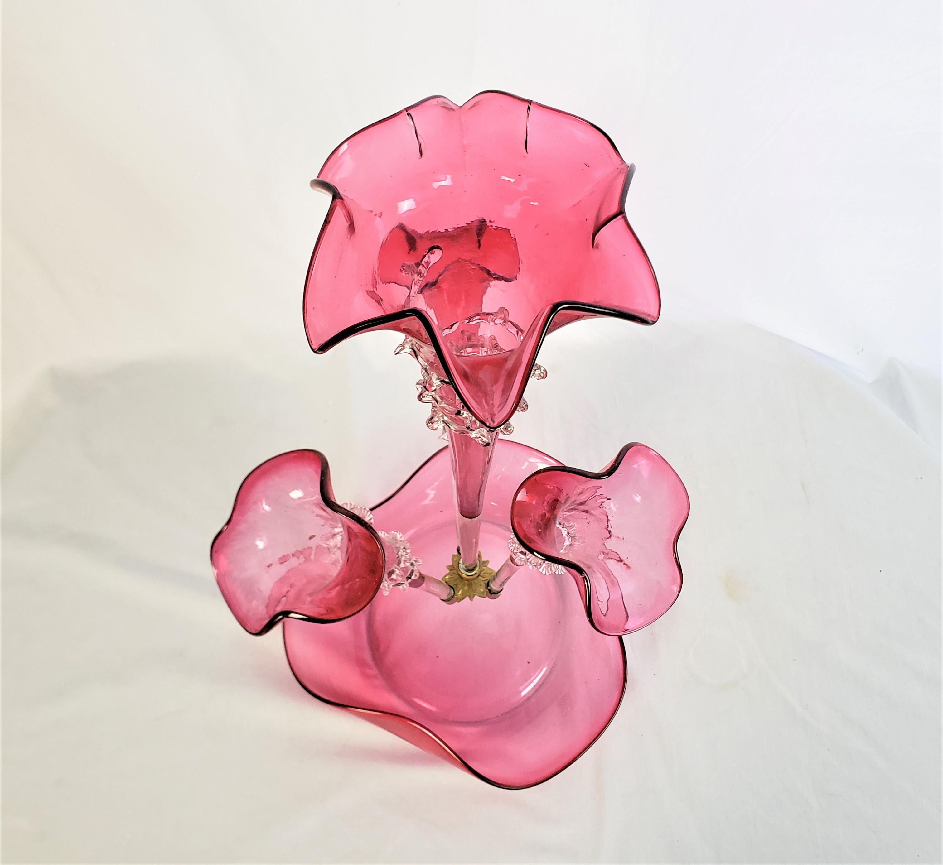 19th Century Antique Victorian Cranberry Glass Four Trumpet Epergne or Centerpiece For Sale