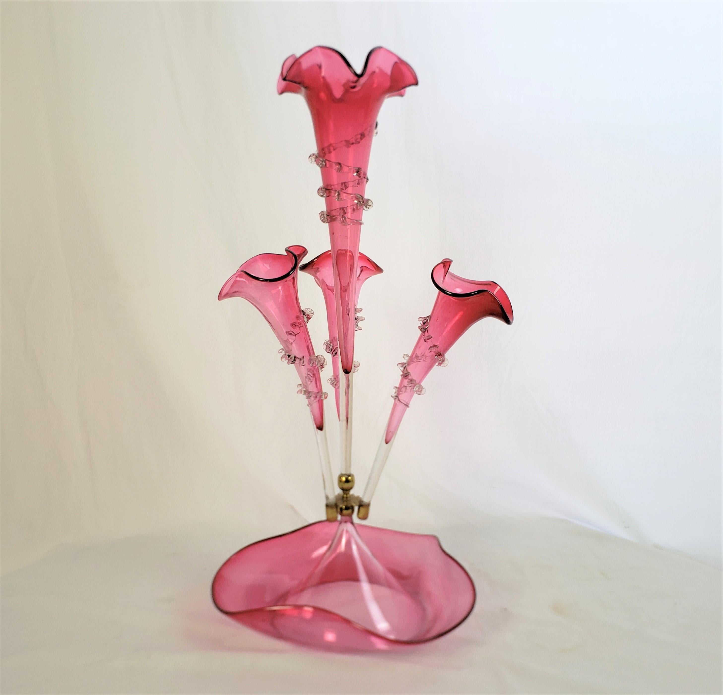 High Victorian Antique Victorian Cranberry Glass Four Trumpet Epergne or Centerpiece For Sale