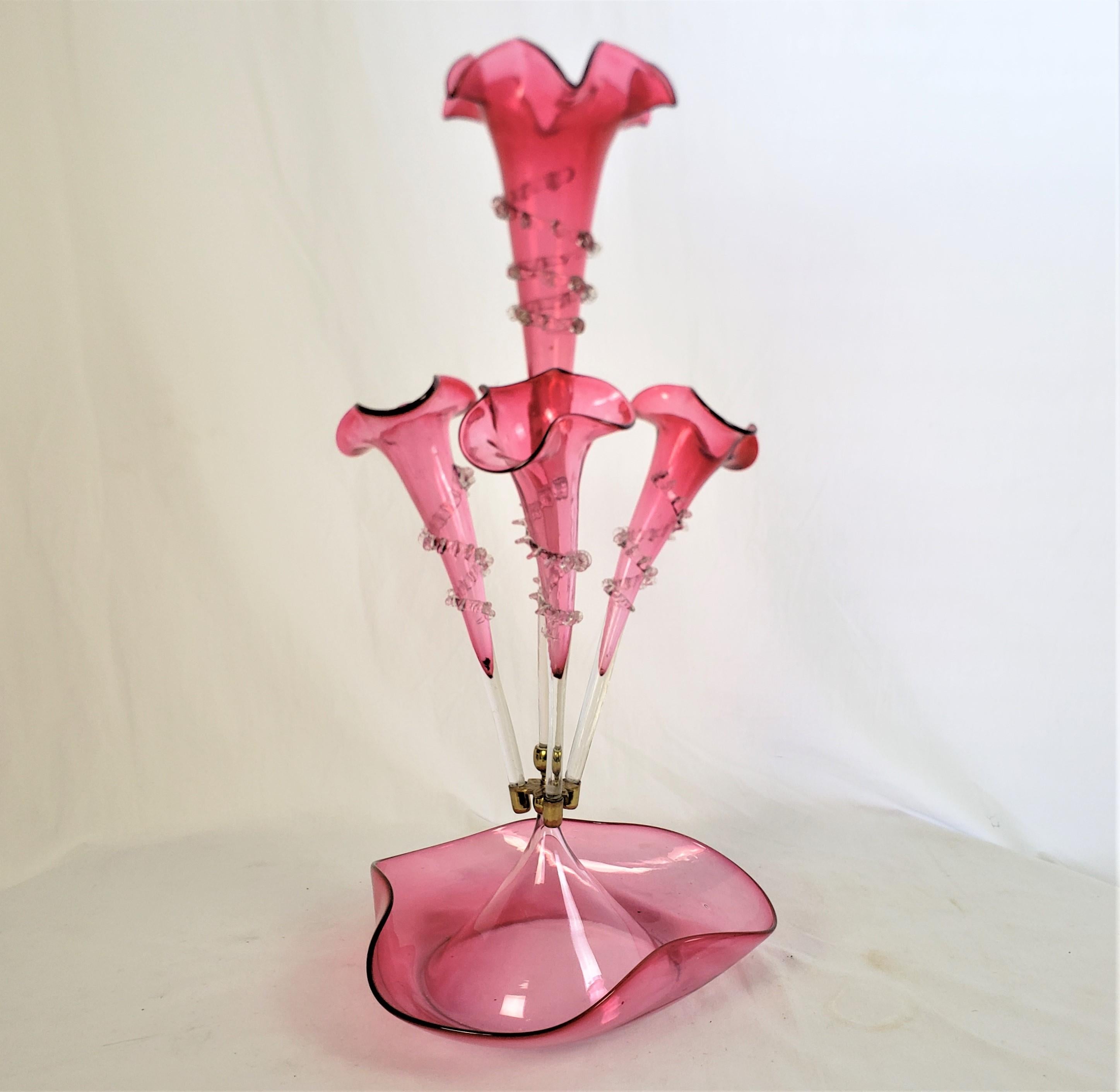 English Antique Victorian Cranberry Glass Four Trumpet Epergne or Centerpiece For Sale