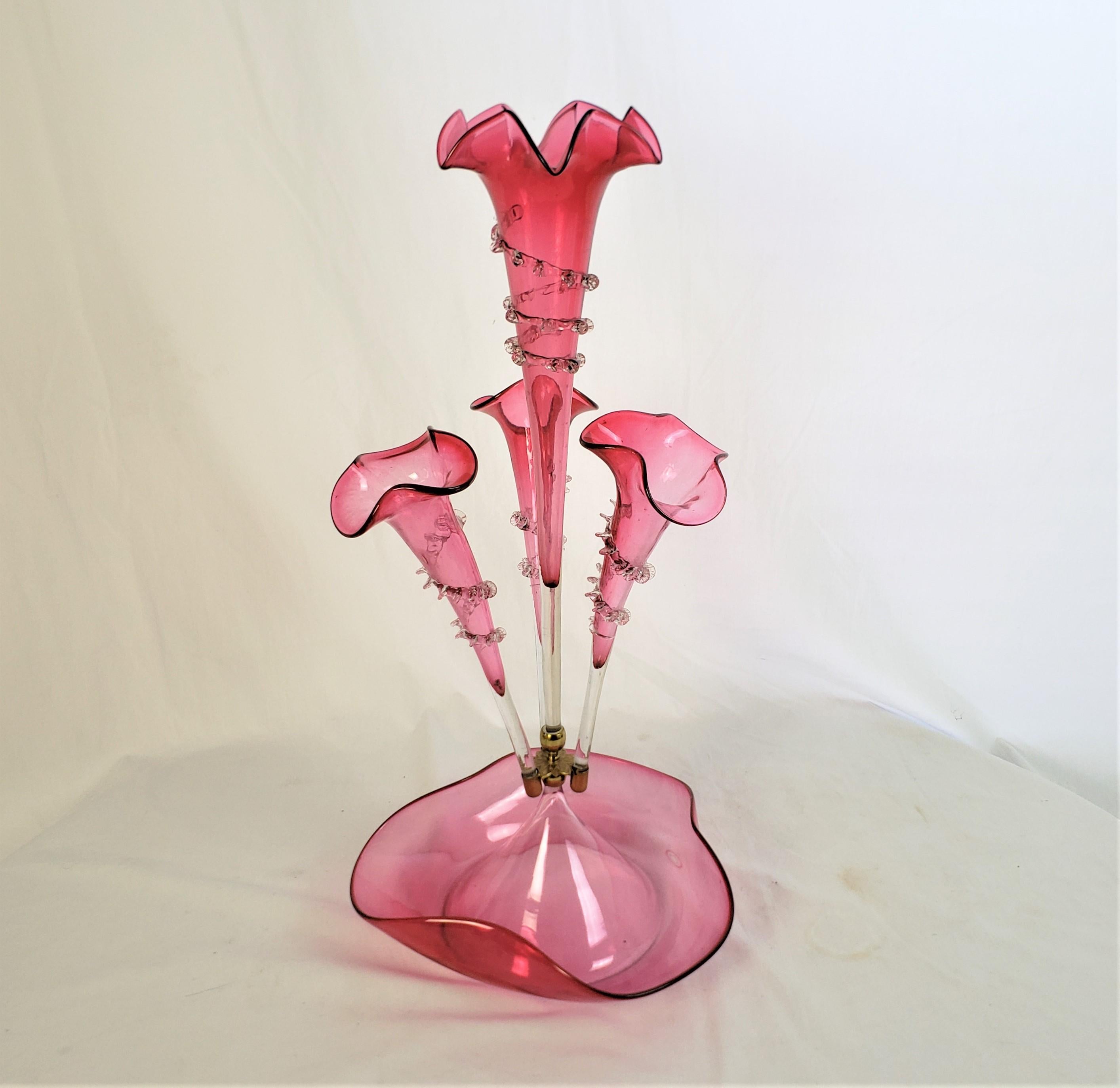 Hand-Crafted Antique Victorian Cranberry Glass Four Trumpet Epergne or Centerpiece For Sale