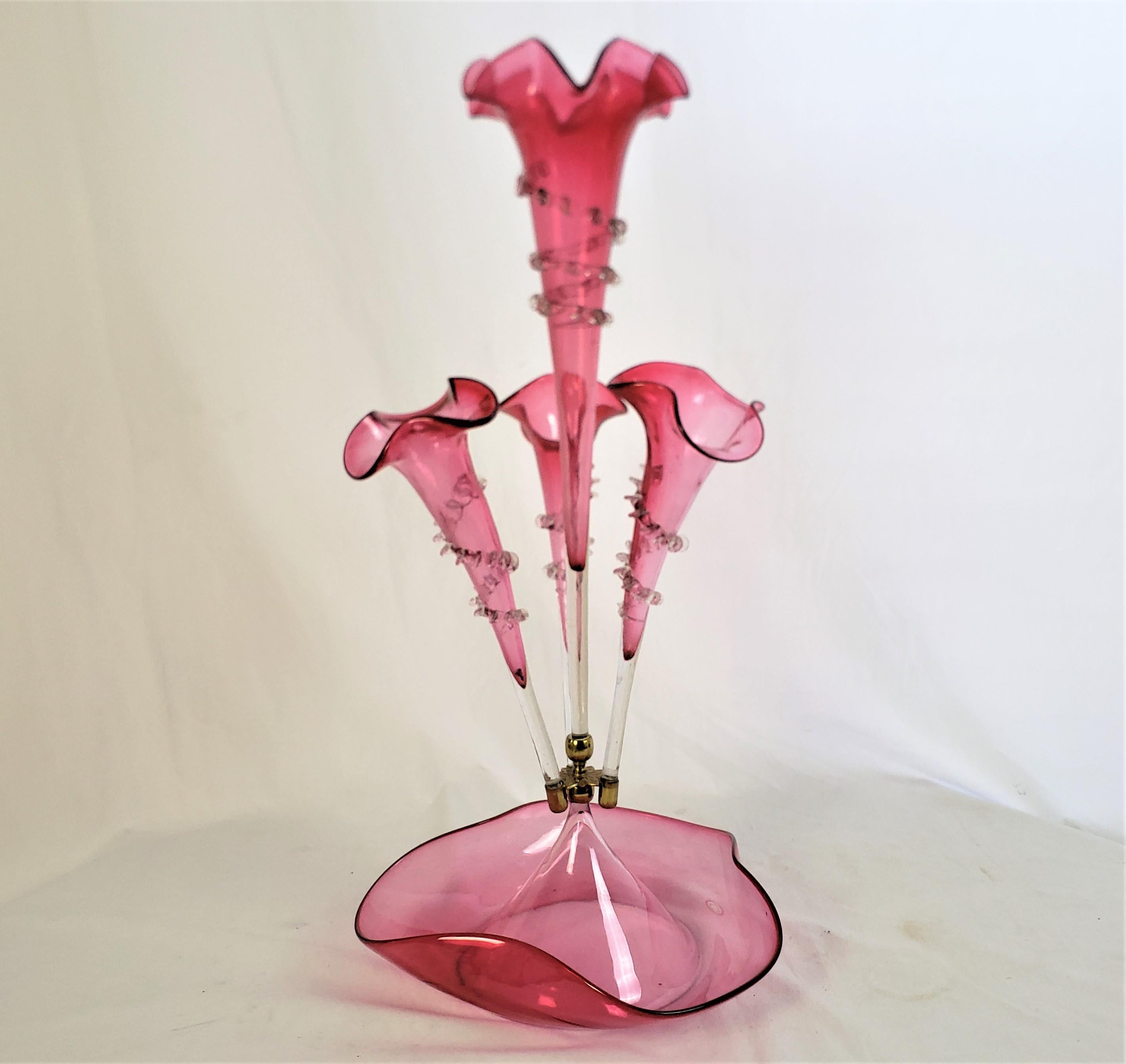 Antique Victorian Cranberry Glass Four Trumpet Epergne or Centerpiece In Good Condition For Sale In Hamilton, Ontario