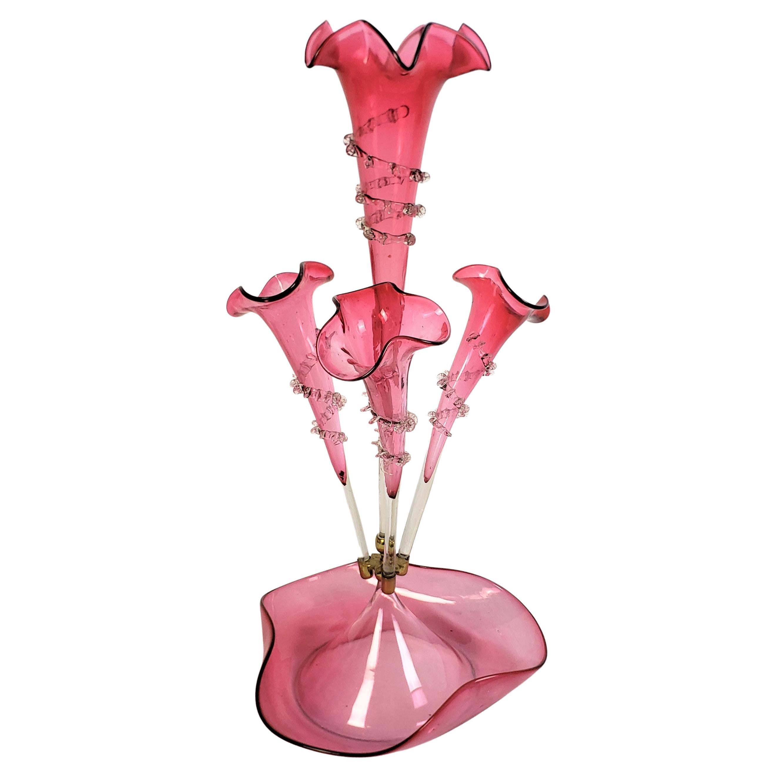 Antique Victorian Cranberry Glass Four Trumpet Epergne or Centerpiece For Sale