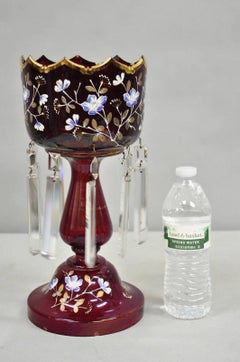 Antique Victorian Cranberry Glass Hand Painted Mantel Lustre Vase with Crystals