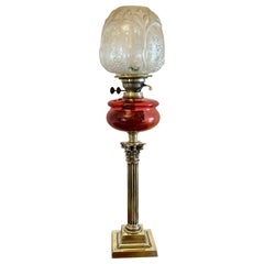 Antique Victorian Cranberry Glass Oil Lamp on Brass Corinthian Column