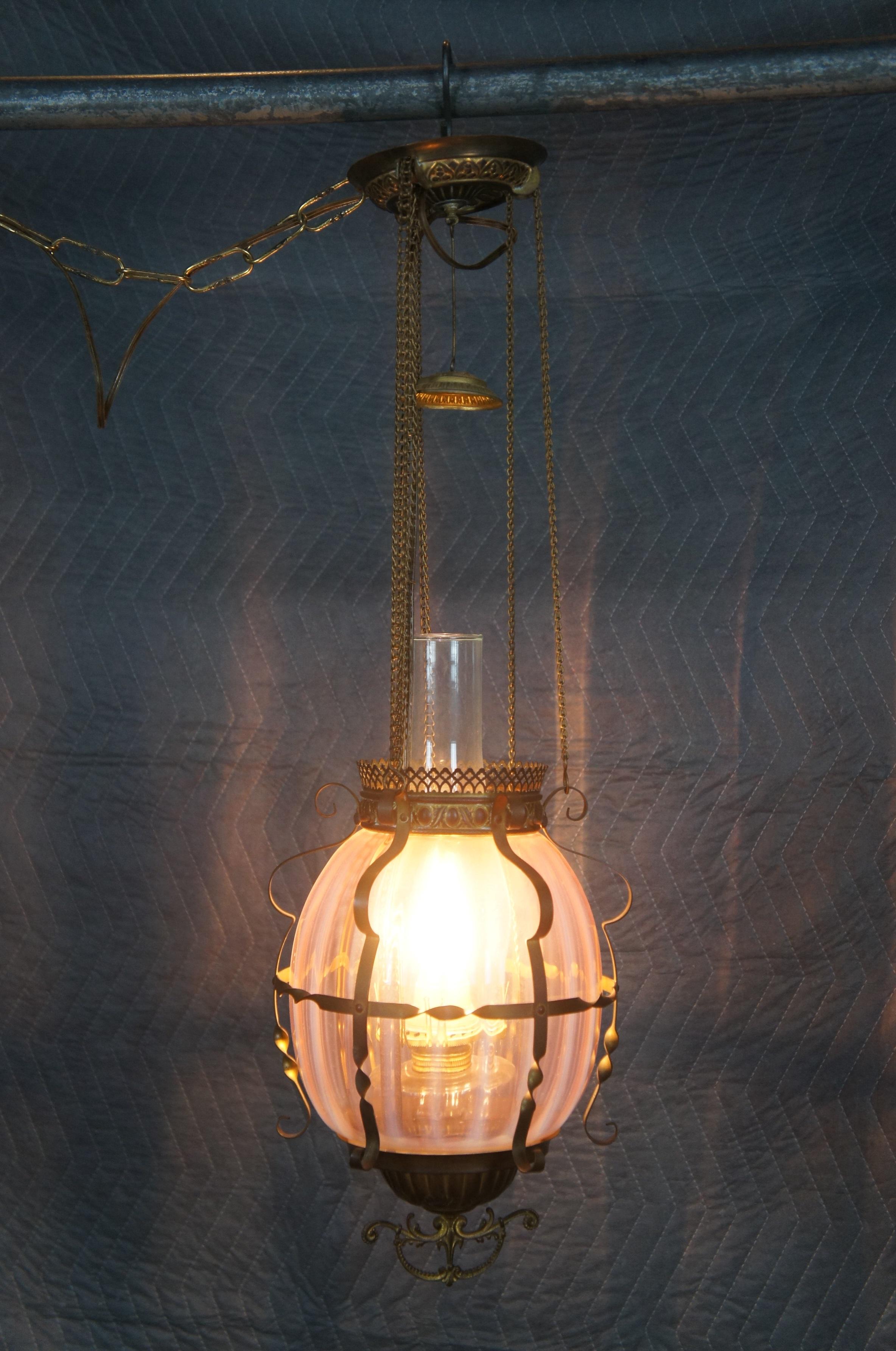 Antique Victorian Cranberry Glass Parlor Oil Lamp Pendant Light Chandelier 6